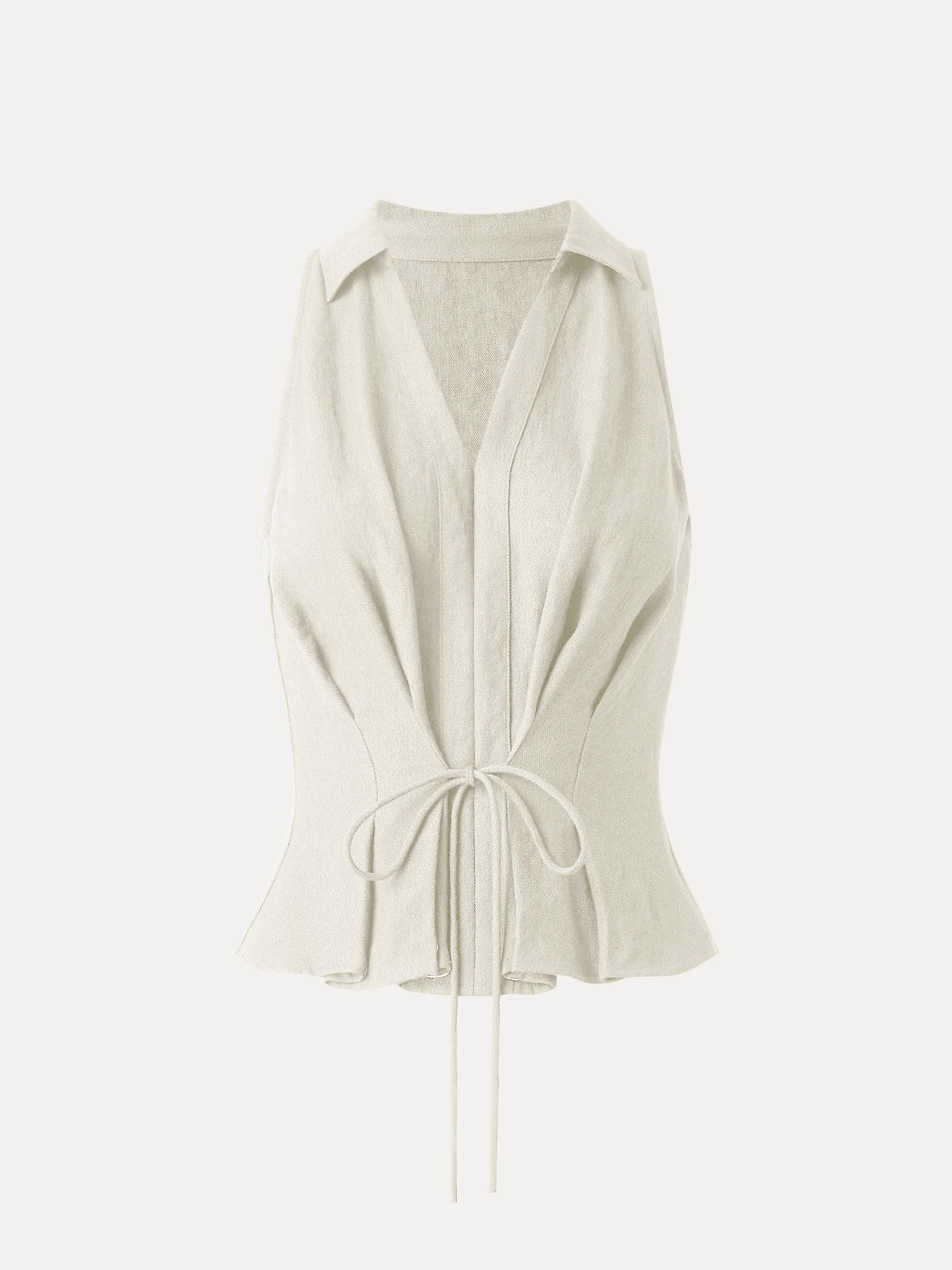 Collared V-neck Pleated Sleeveless Top with Drawstring - Image 14