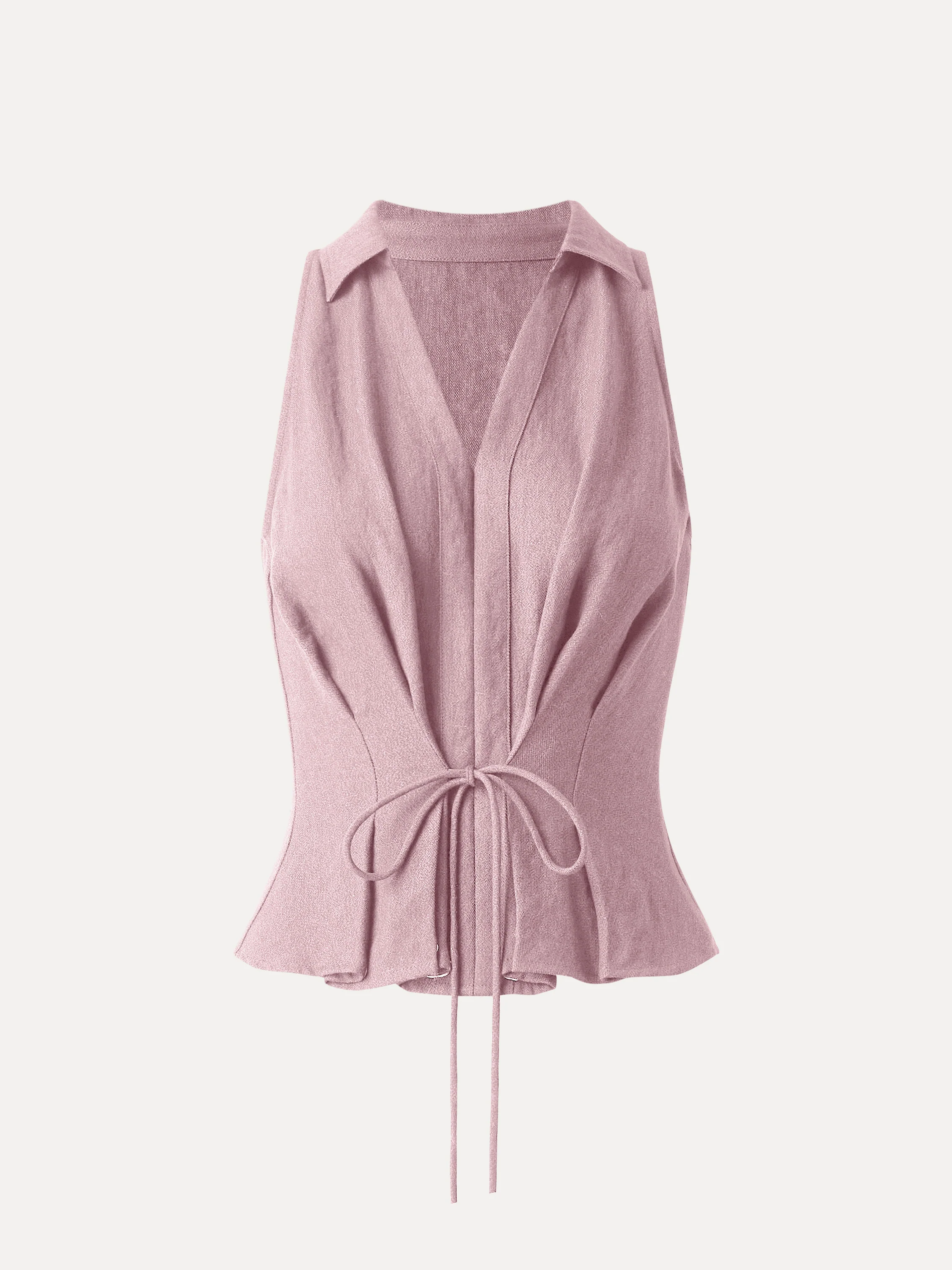 Collared V-neck Pleated Sleeveless Top with Drawstring - Image 15