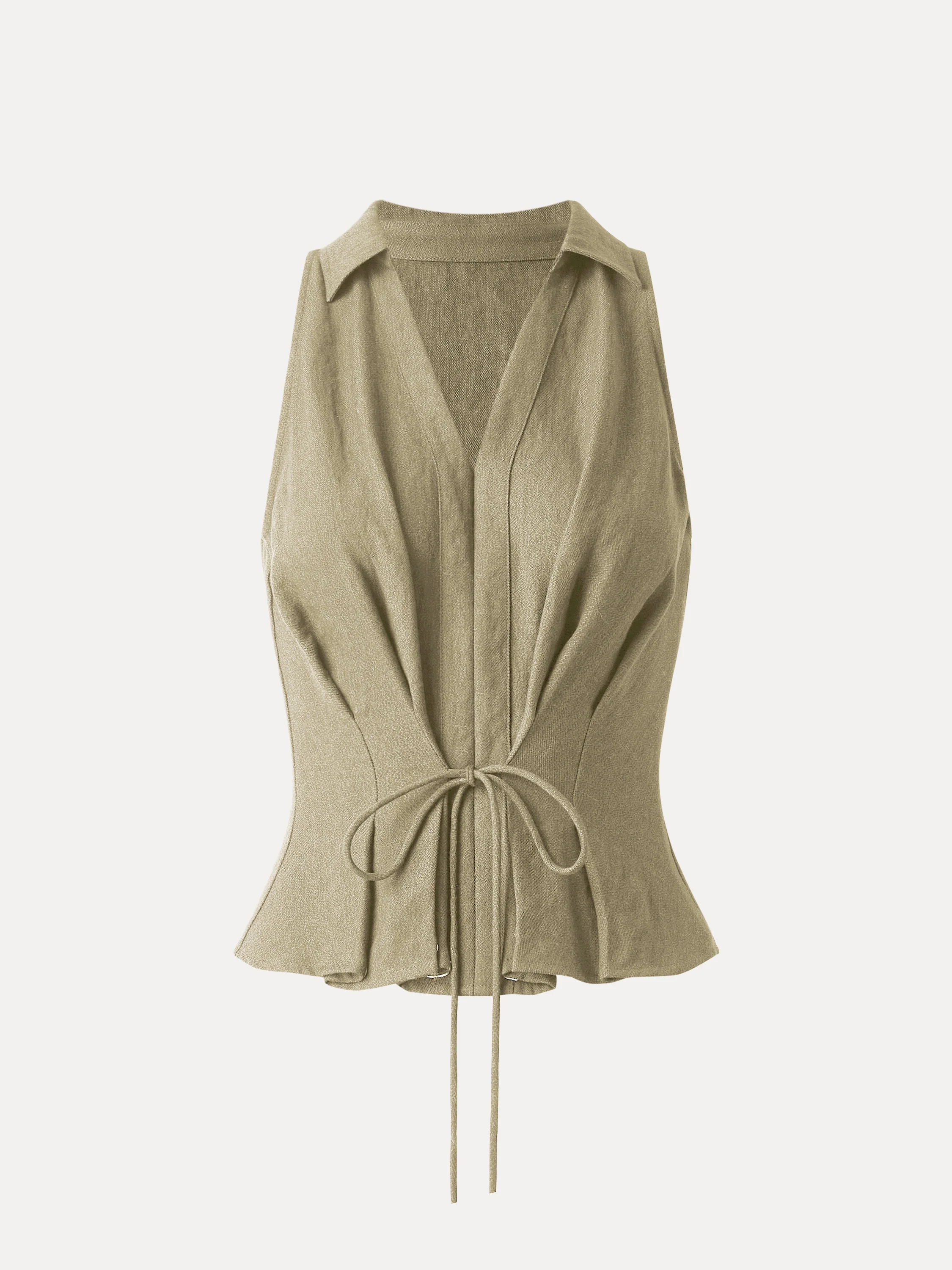 Collared V-neck Pleated Sleeveless Top with Drawstring - Image 16