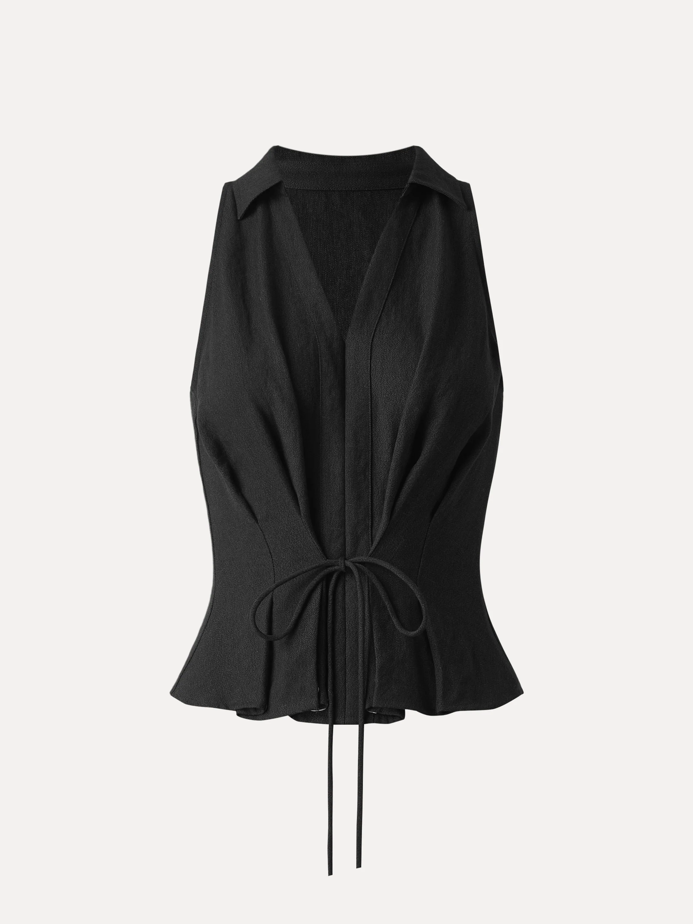 Collared V-neck Pleated Sleeveless Top with Drawstring - Image 17