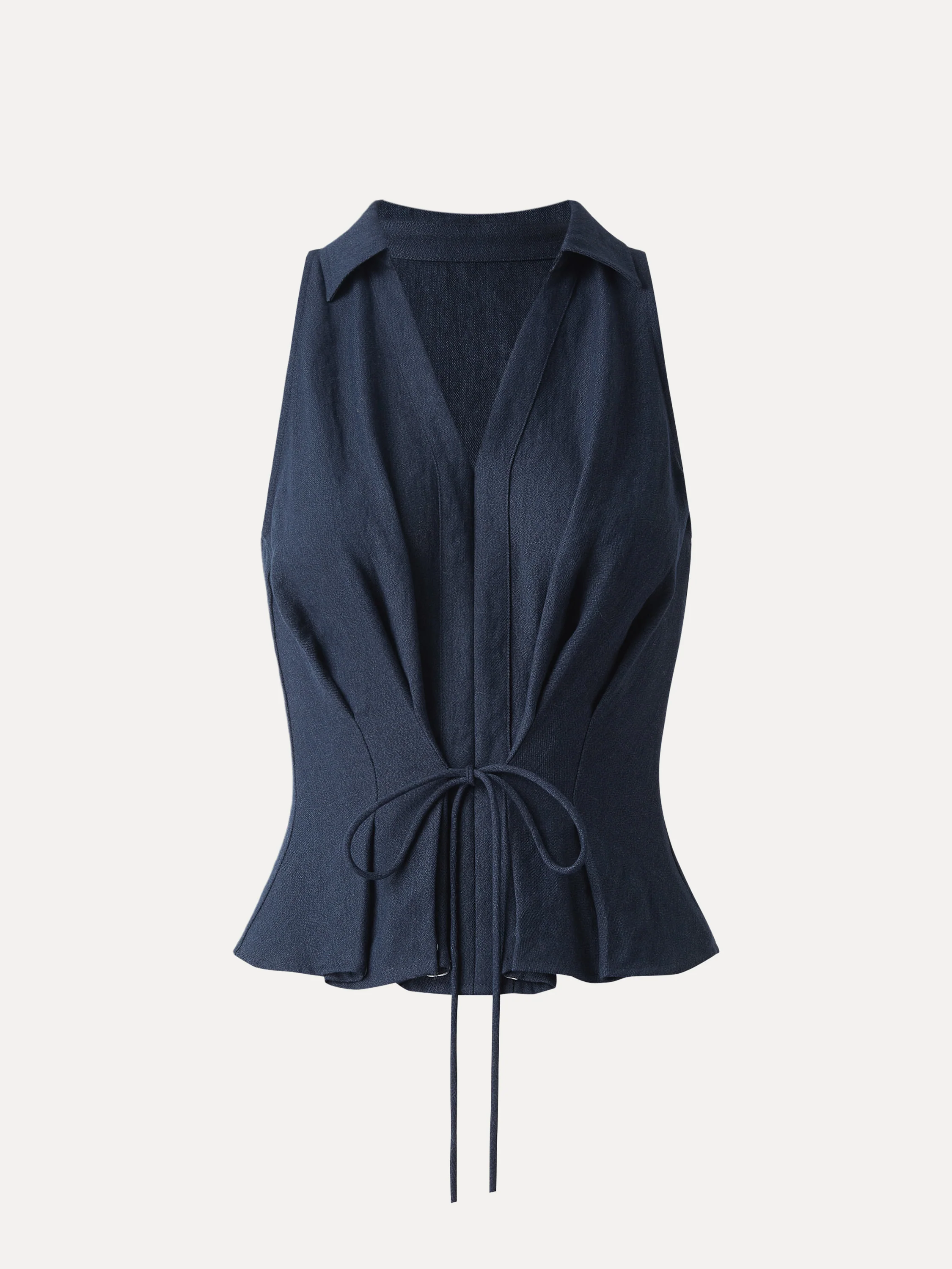 Collared V-neck Pleated Sleeveless Top with Drawstring - Image 3