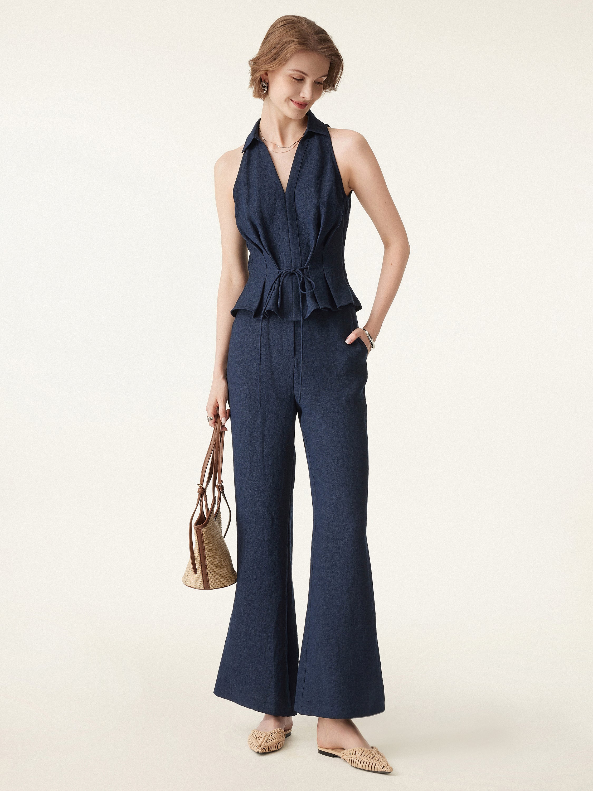 Collared V-neck Pleated Sleeveless Top with Drawstring - Image 5