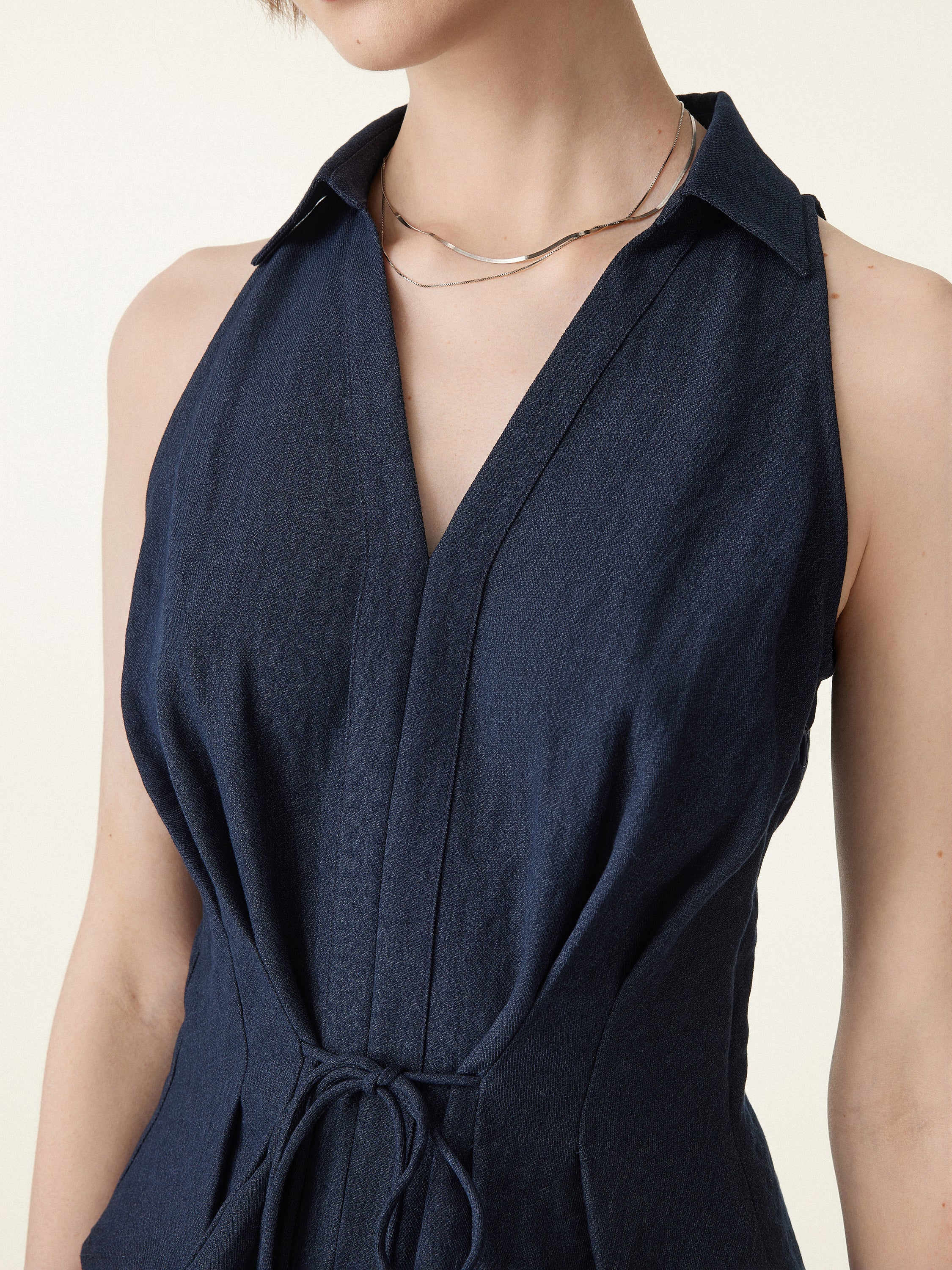 Collared V-neck Pleated Sleeveless Top with Drawstring - Image 6