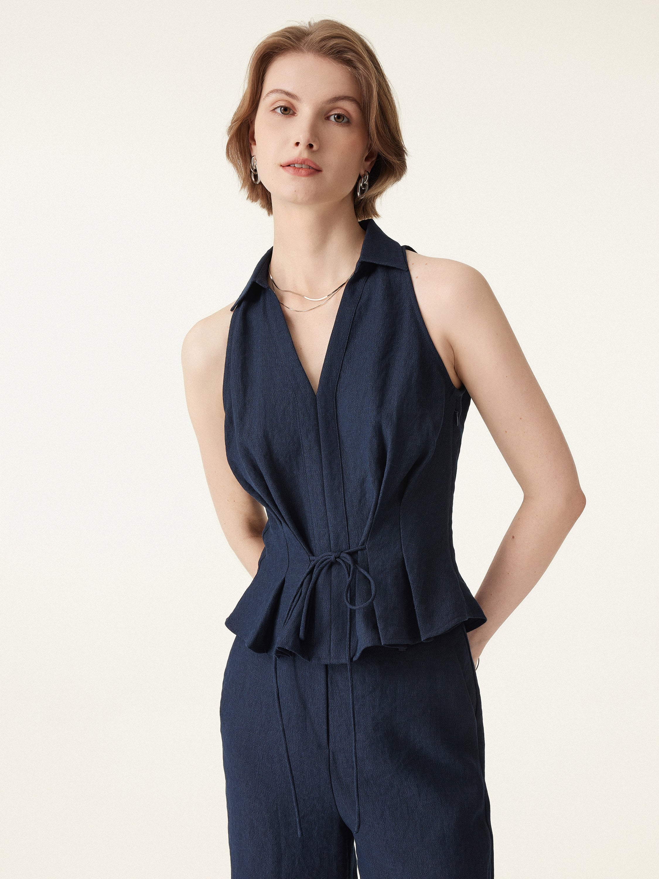 Collared V-neck Pleated Sleeveless Top with Drawstring - Image 7