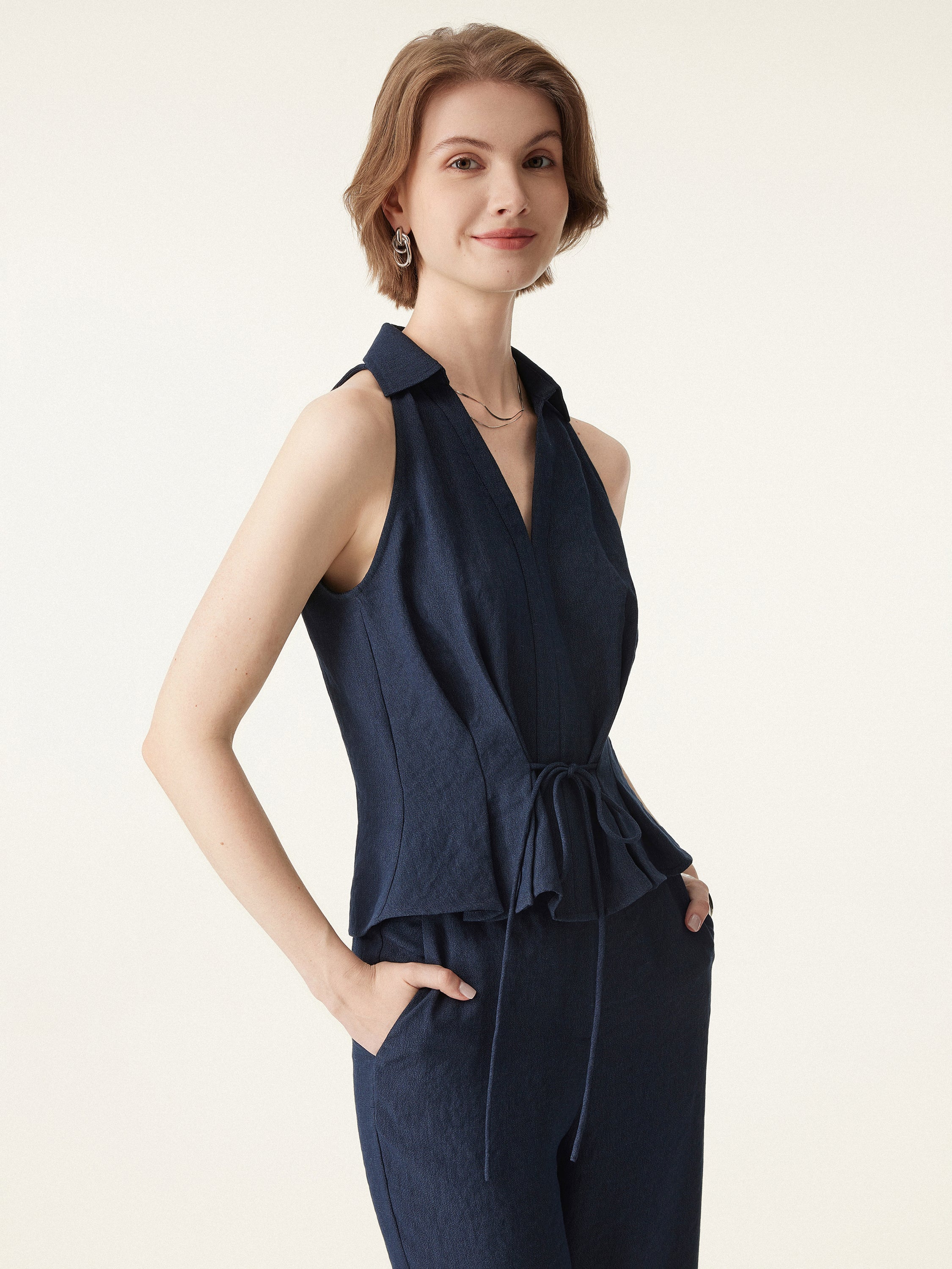 Collared V-neck Pleated Sleeveless Top with Drawstring - Image 8