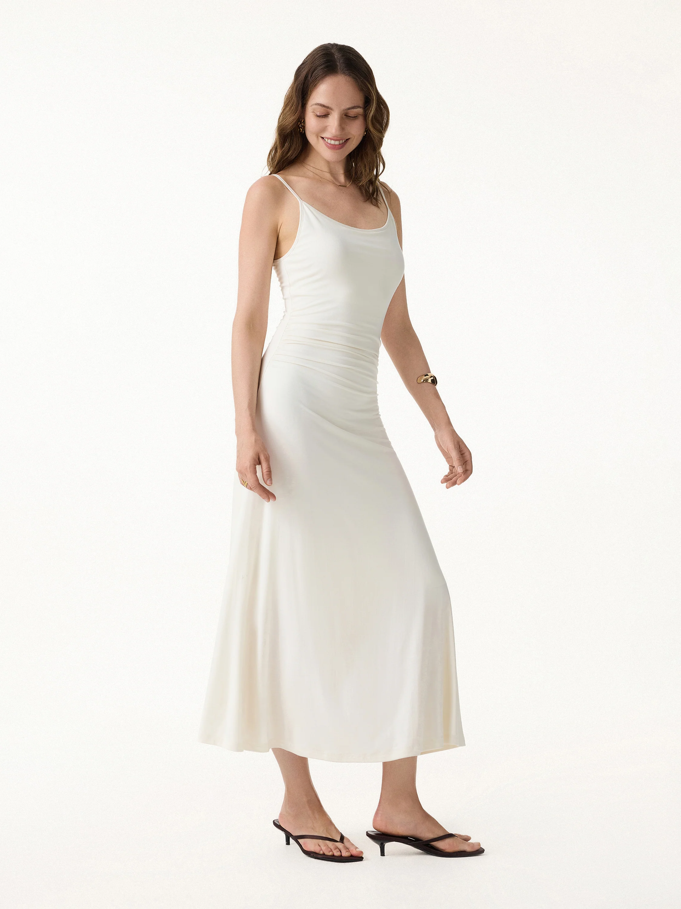 Cooling Lyocell Adjustable Spaghetti Strap Ruched Maxi Bra Dress - Image 7
