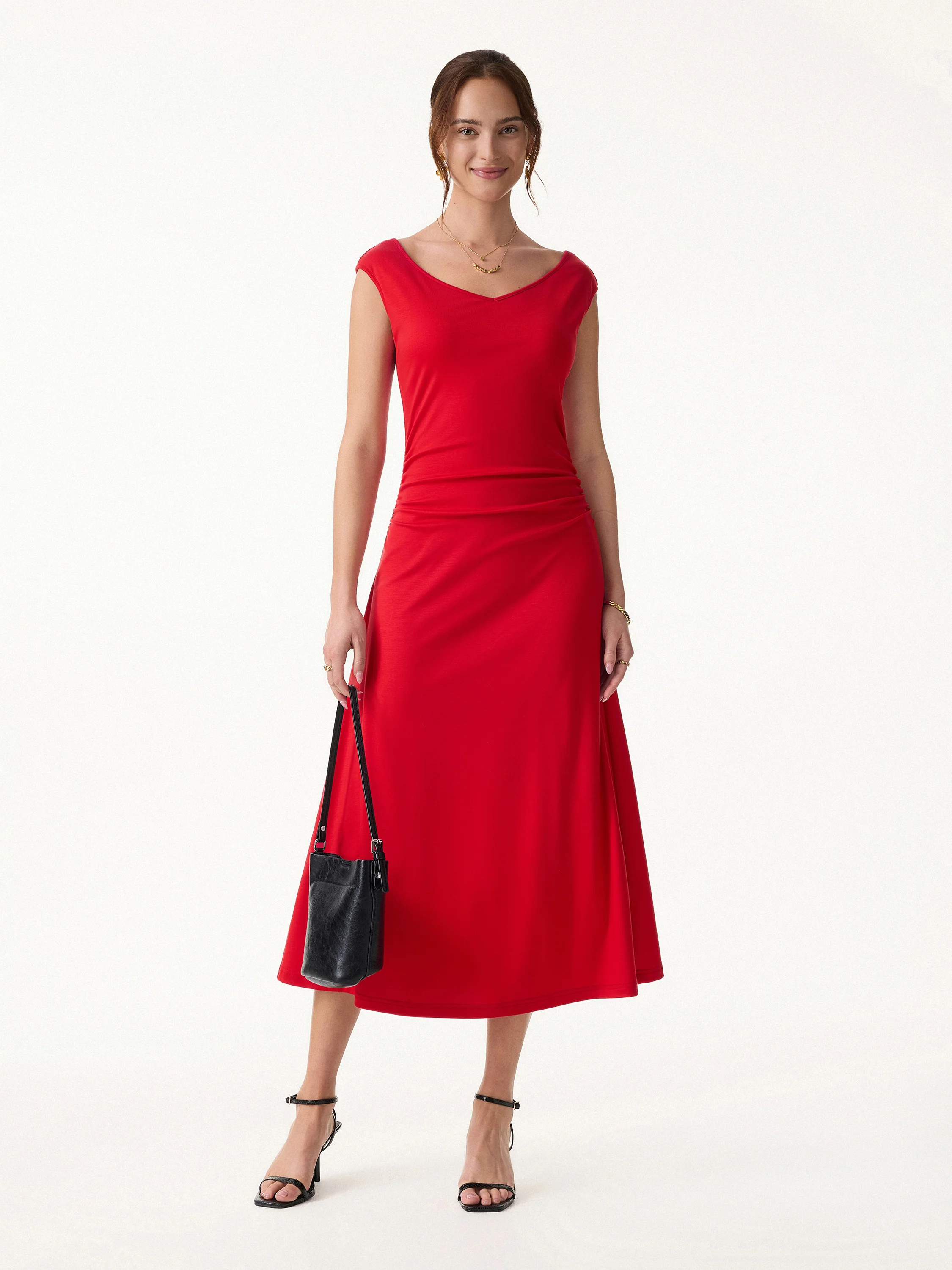 Cooling Lyocell V-Neck Ruched Midi Bra Dress - Image 4