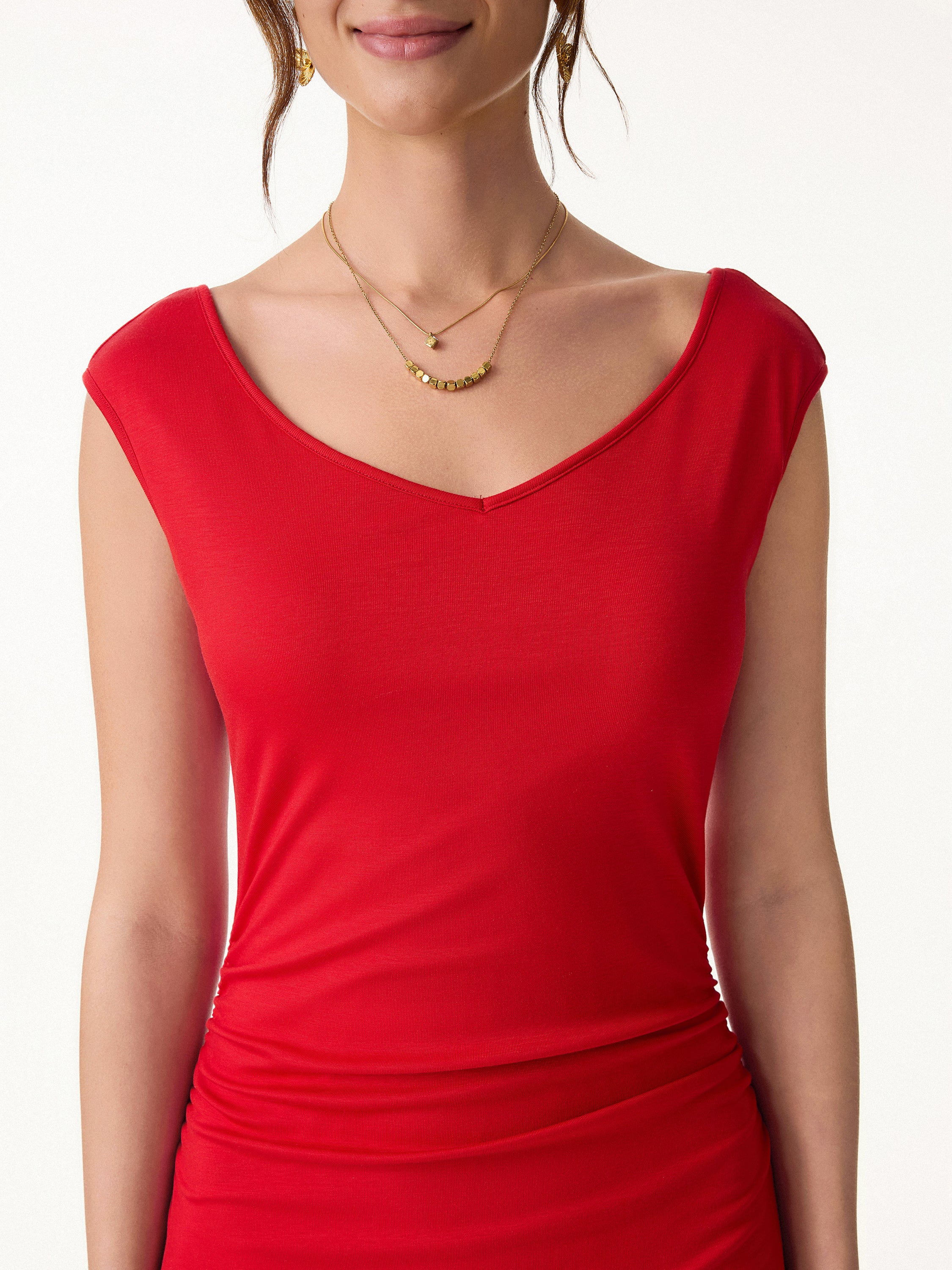 Cooling Lyocell V-Neck Ruched Midi Bra Dress - Image 5