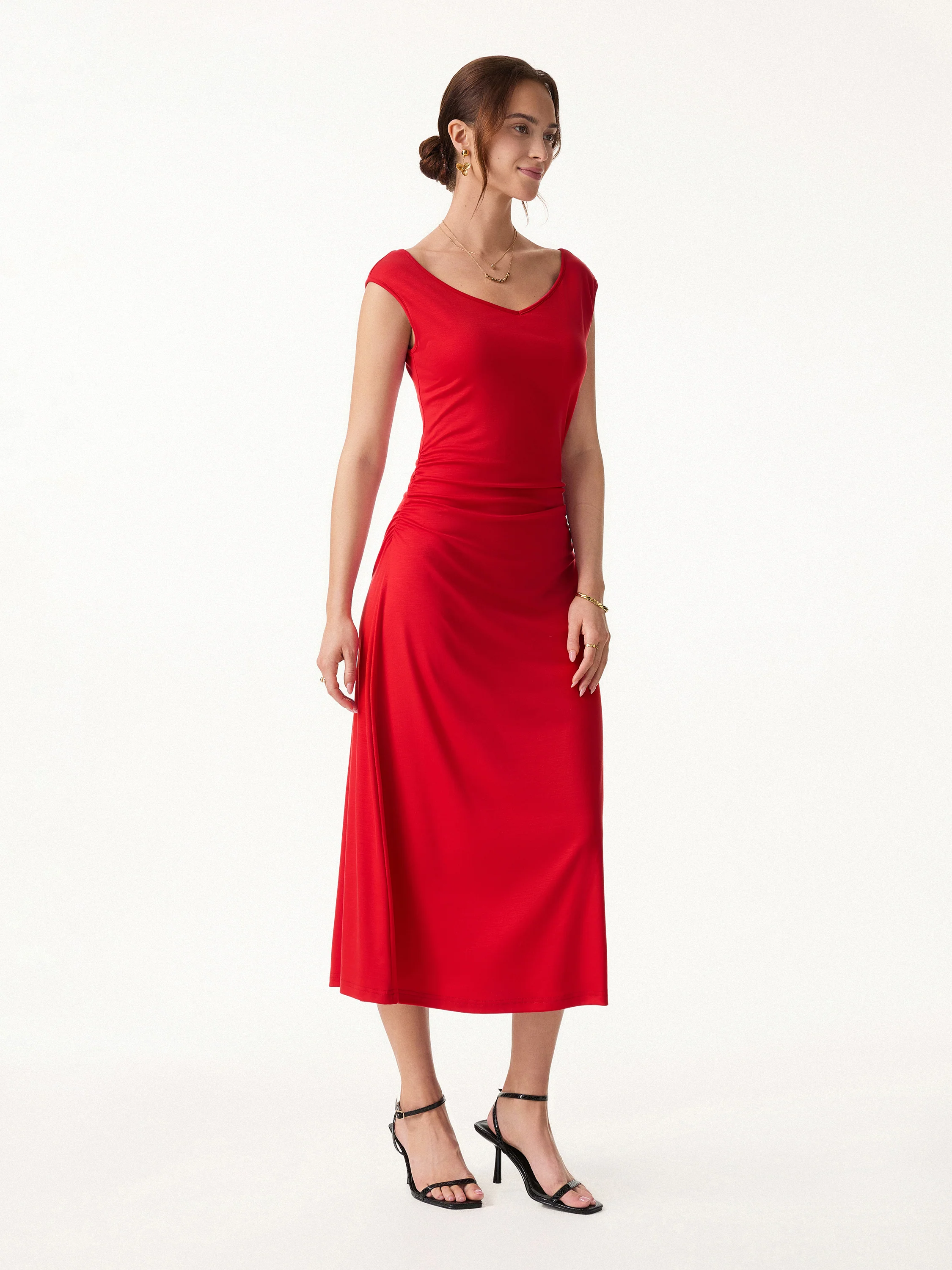 Cooling Lyocell V-Neck Ruched Midi Bra Dress - Image 6