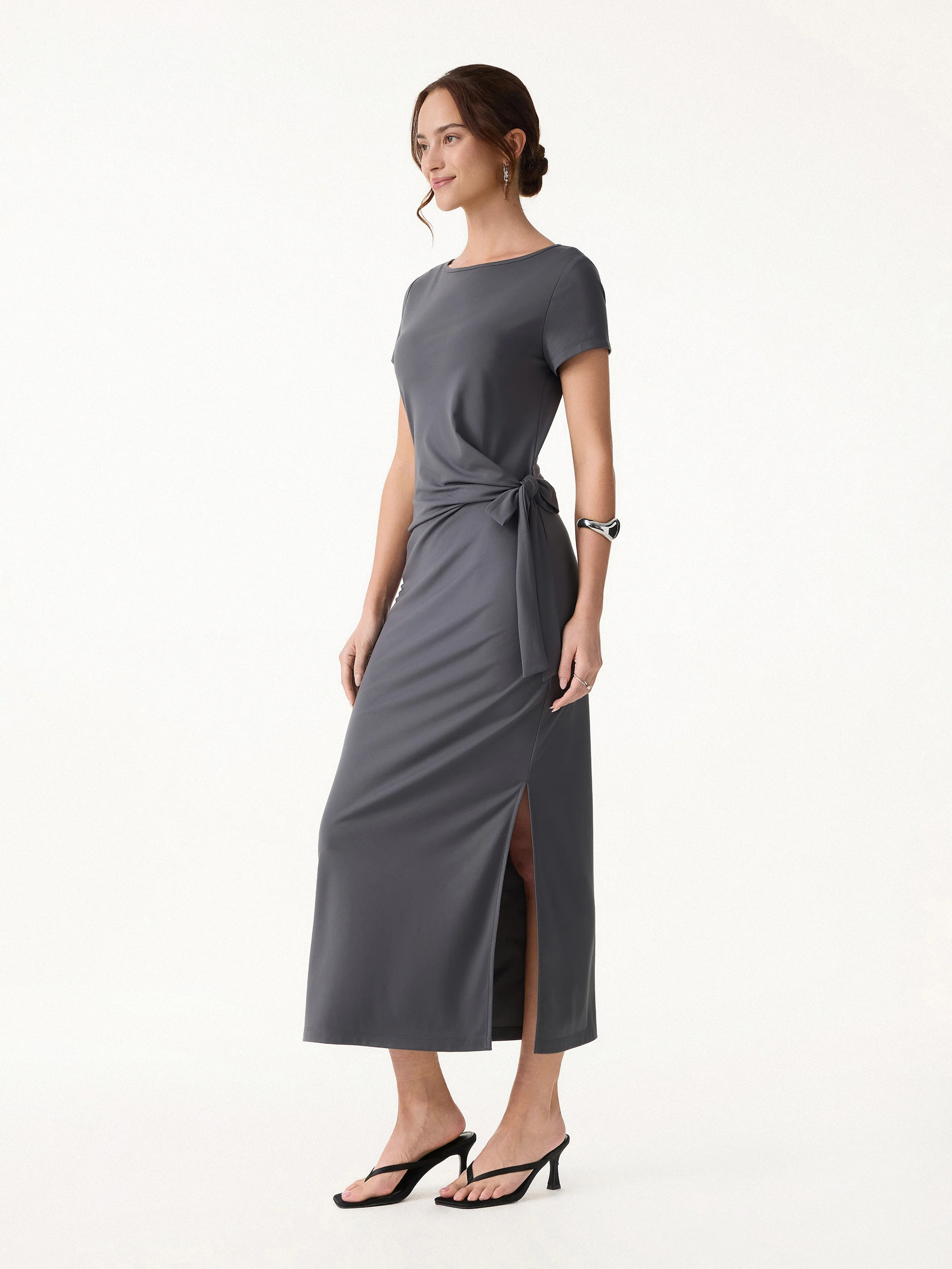 Cooling Wrinkle-Resistant Side Waist Tie Midi Dress with Slit