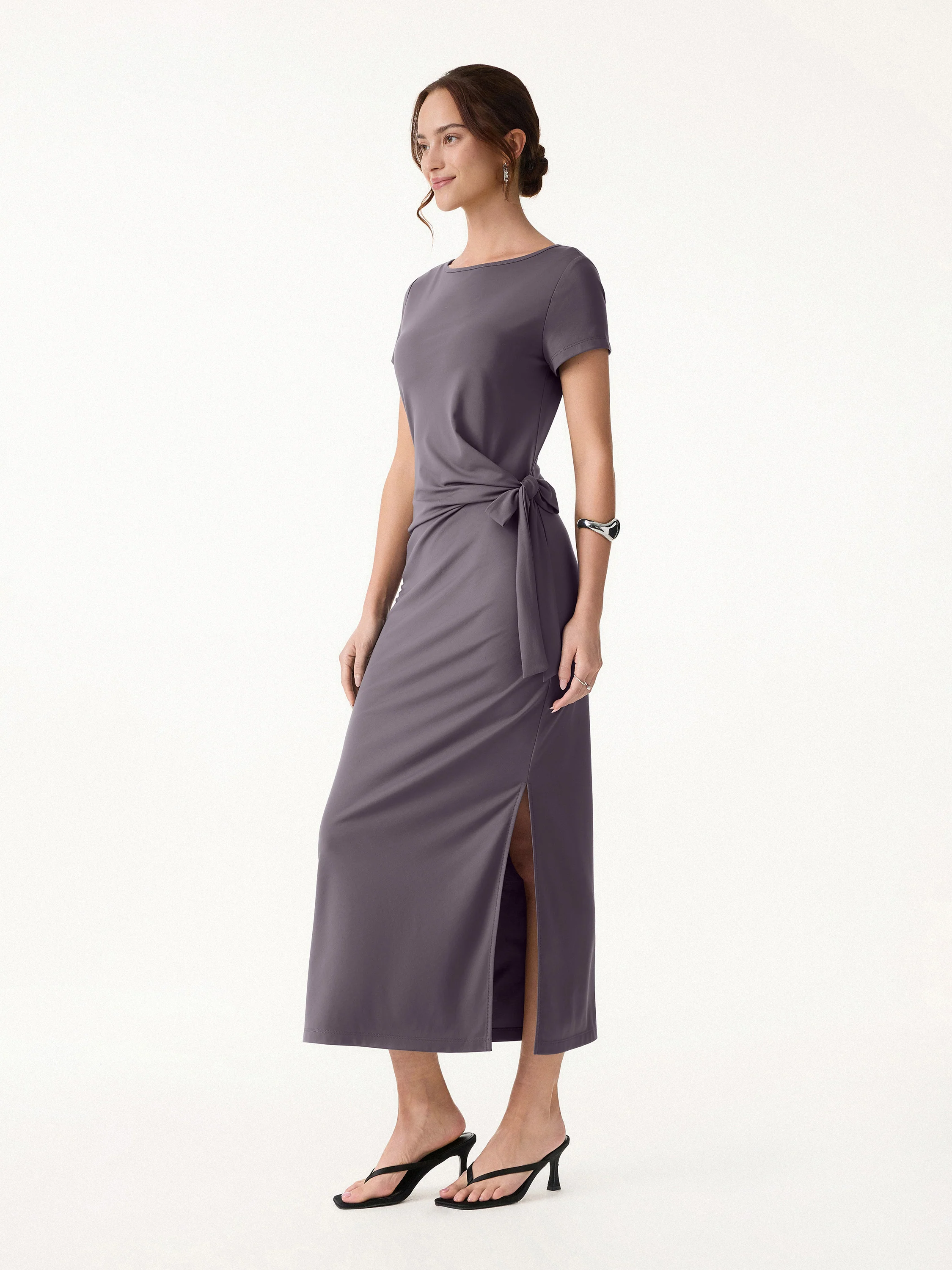 Cooling Wrinkle-Resistant Side Waist Tie Midi Dress with Slit - Image 10