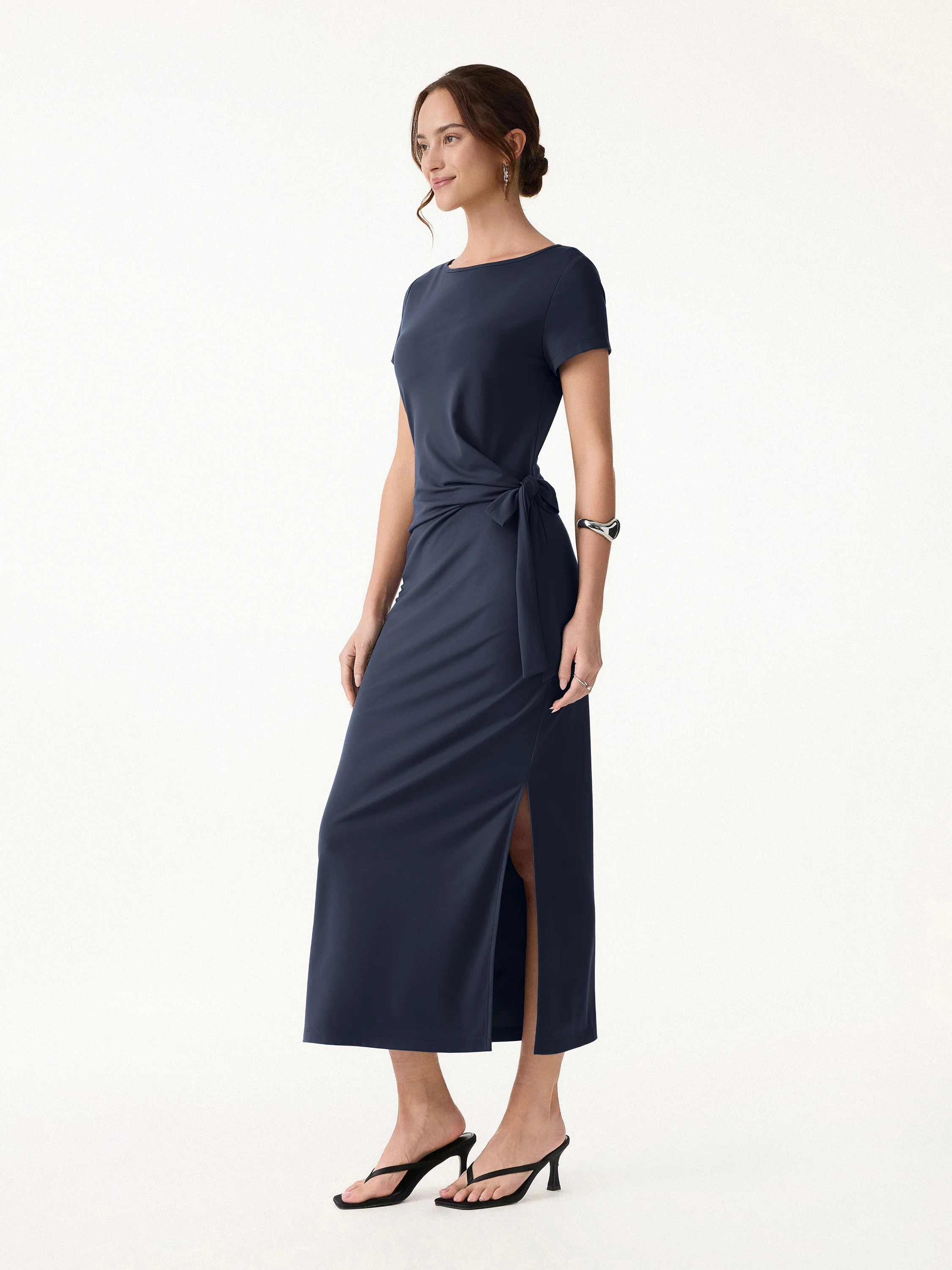 Cooling Wrinkle-Resistant Side Waist Tie Midi Dress with Slit - Image 14