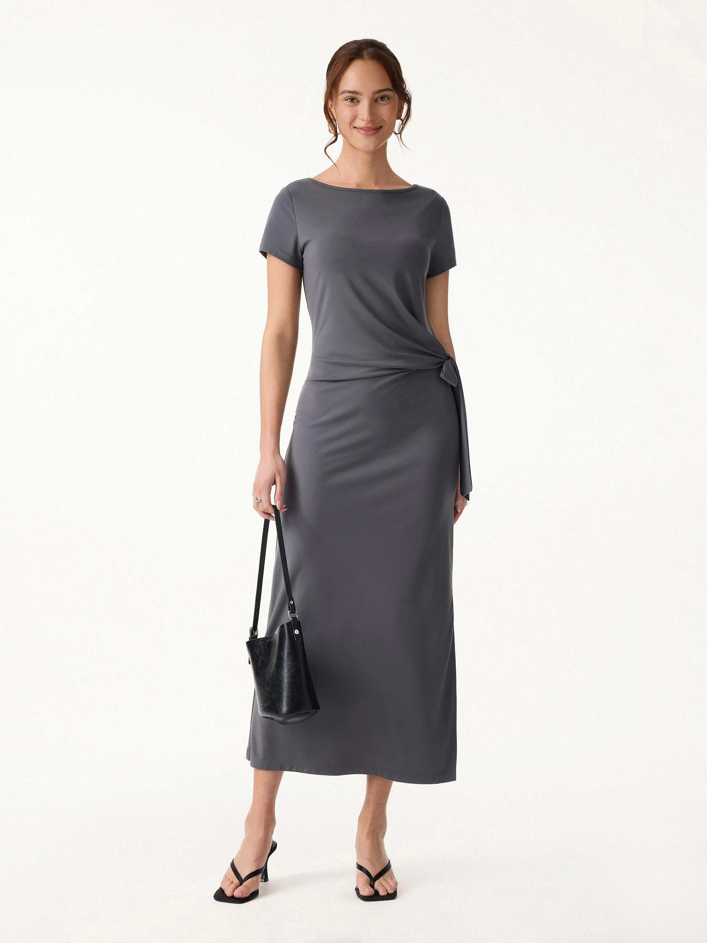Cooling Wrinkle-Resistant Side Waist Tie Midi Dress with Slit - Image 4