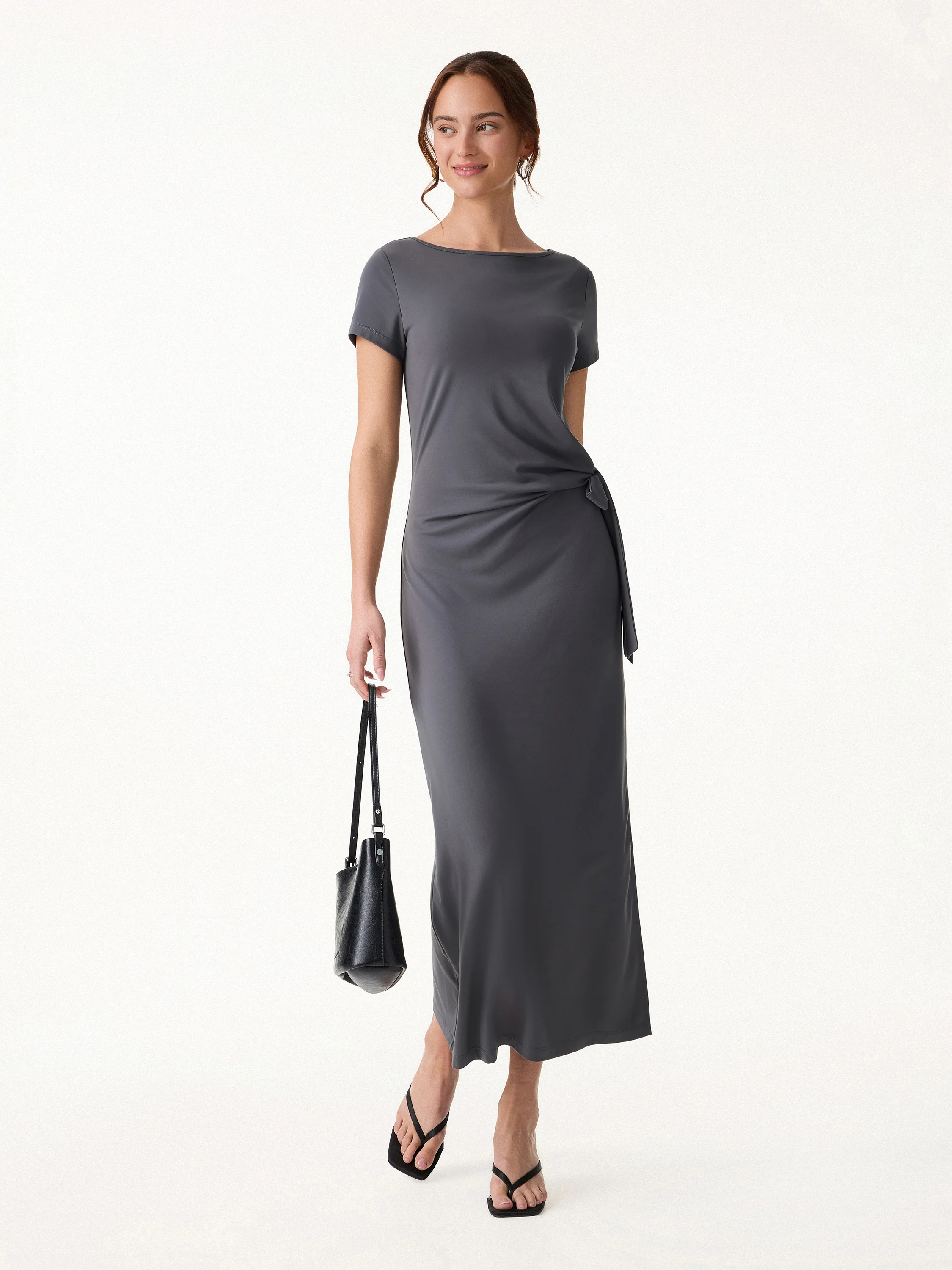 Cooling Wrinkle-Resistant Side Waist Tie Midi Dress with Slit - Image 5