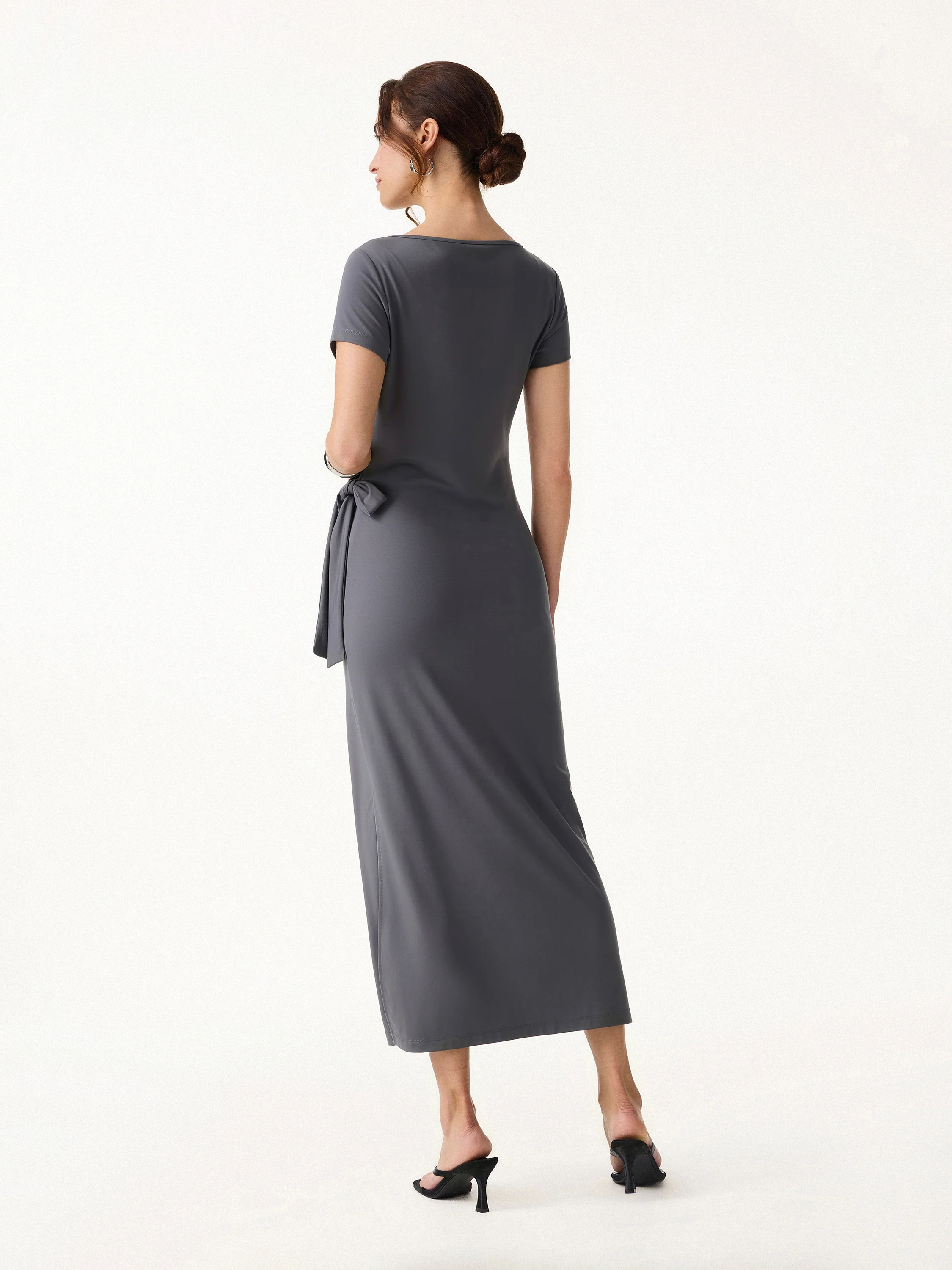 Cooling Wrinkle-Resistant Side Waist Tie Midi Dress with Slit - Image 7