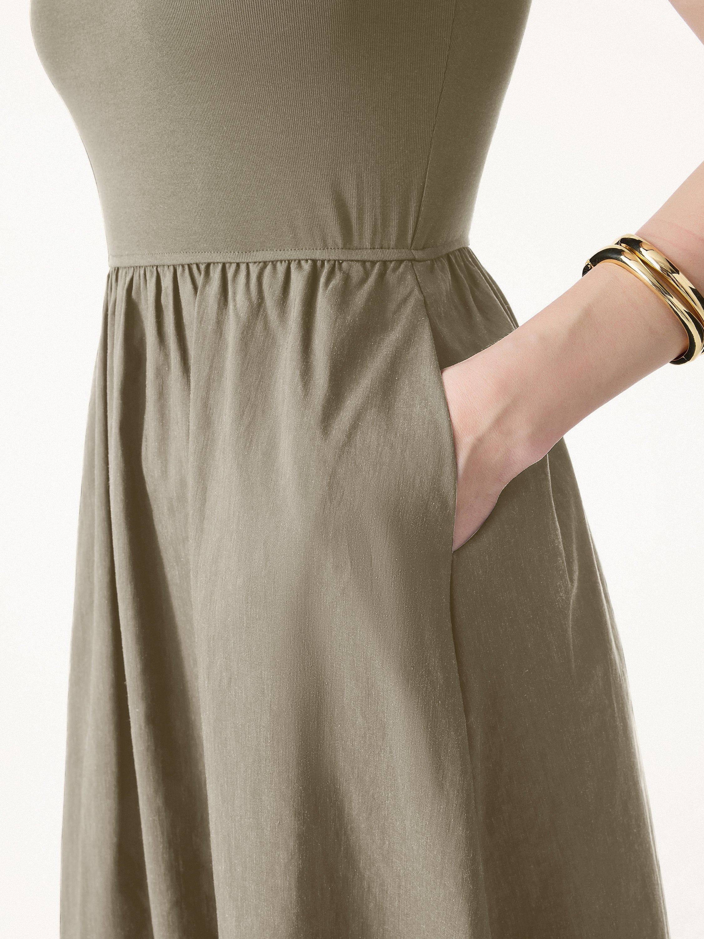 Cotton-Linen Blend Square Neck Fit-and-Flare Midi Bra Dress - Image 4