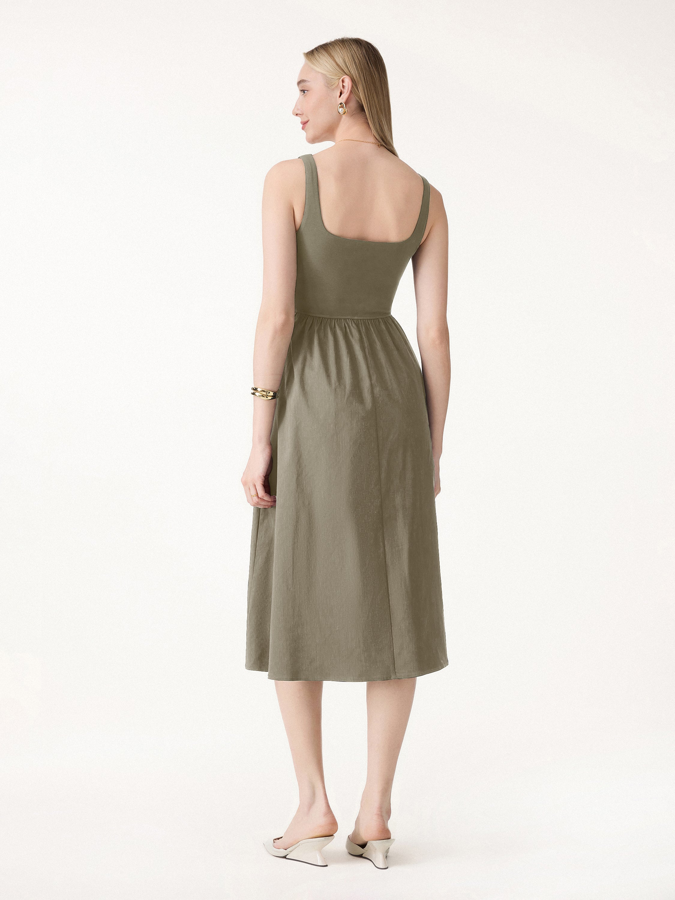 Cotton-Linen Blend Square Neck Fit-and-Flare Midi Bra Dress - Image 5