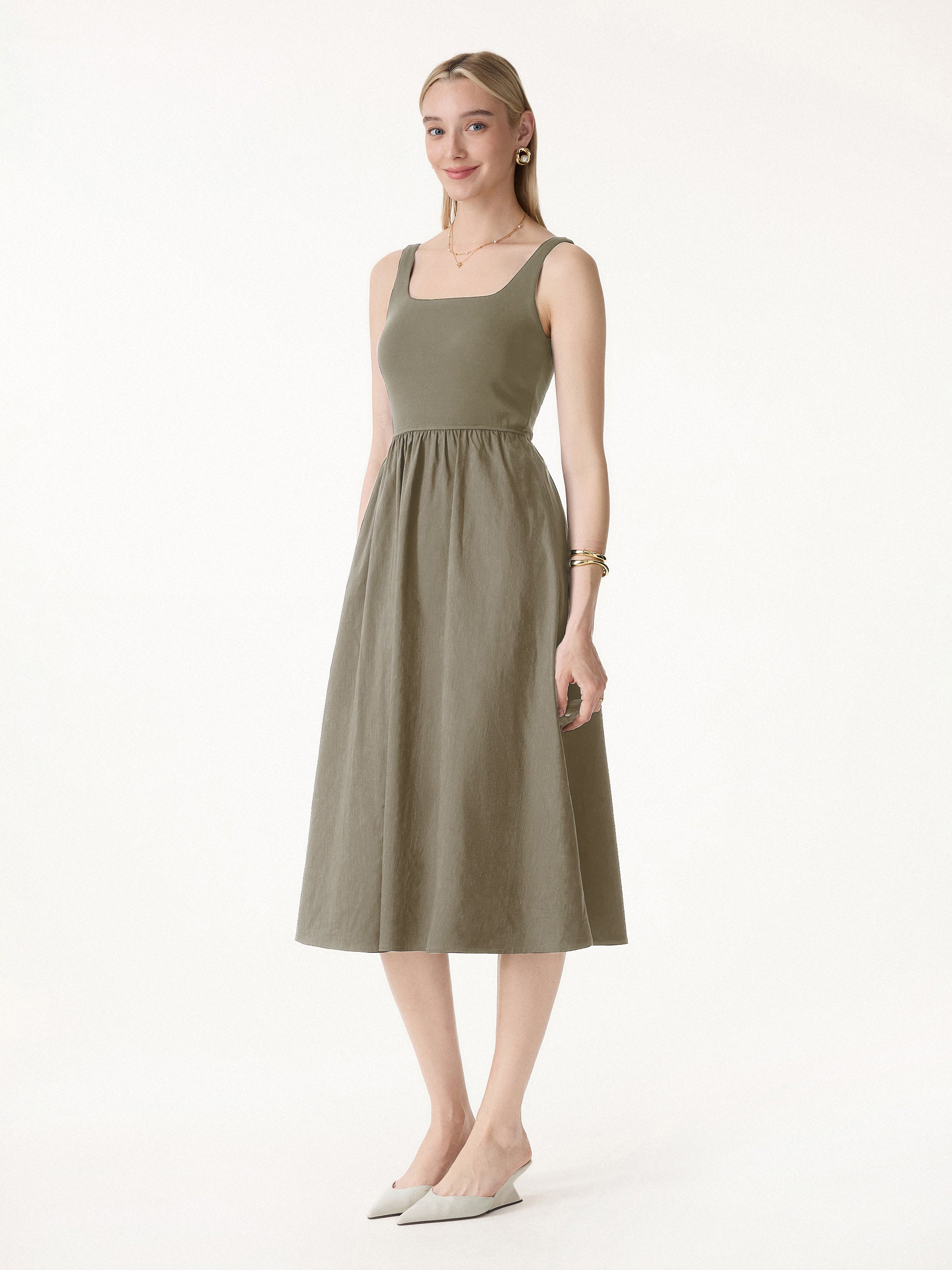 Cotton-Linen Blend Square Neck Fit-and-Flare Midi Bra Dress - Image 6