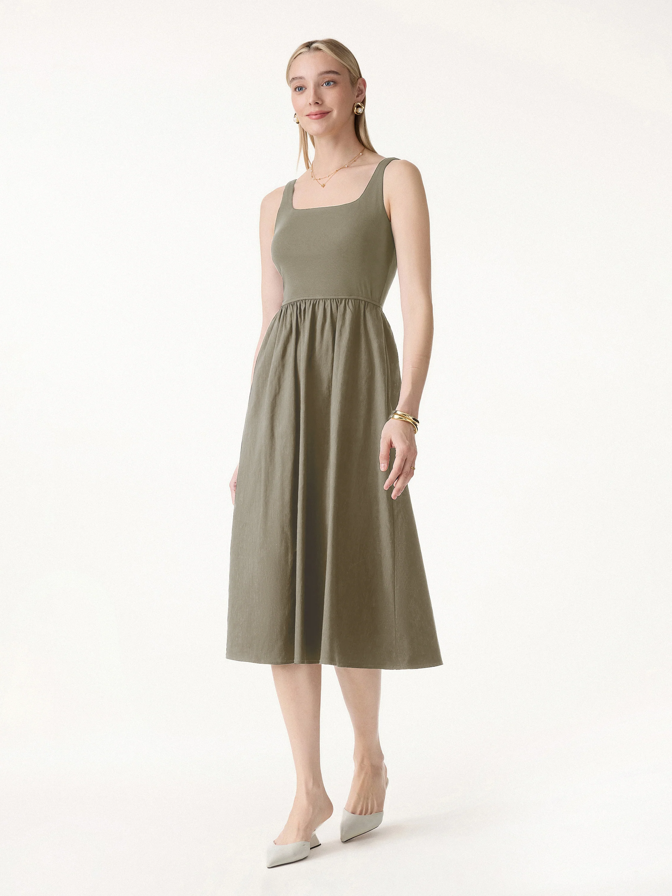Cotton-Linen Blend Square Neck Fit-and-Flare Midi Bra Dress - Image 7