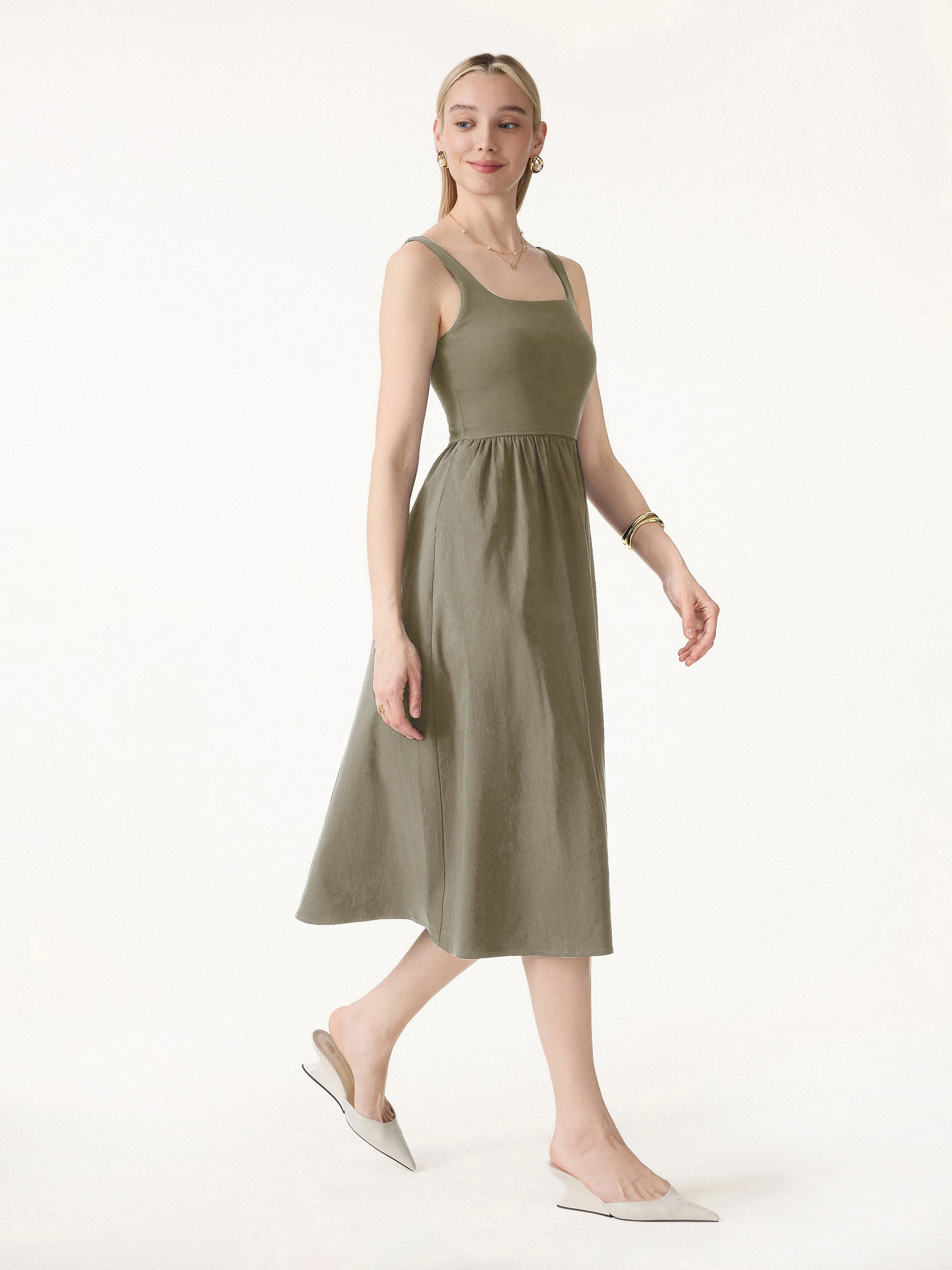 Cotton-Linen Blend Square Neck Fit-and-Flare Midi Bra Dress - Image 8