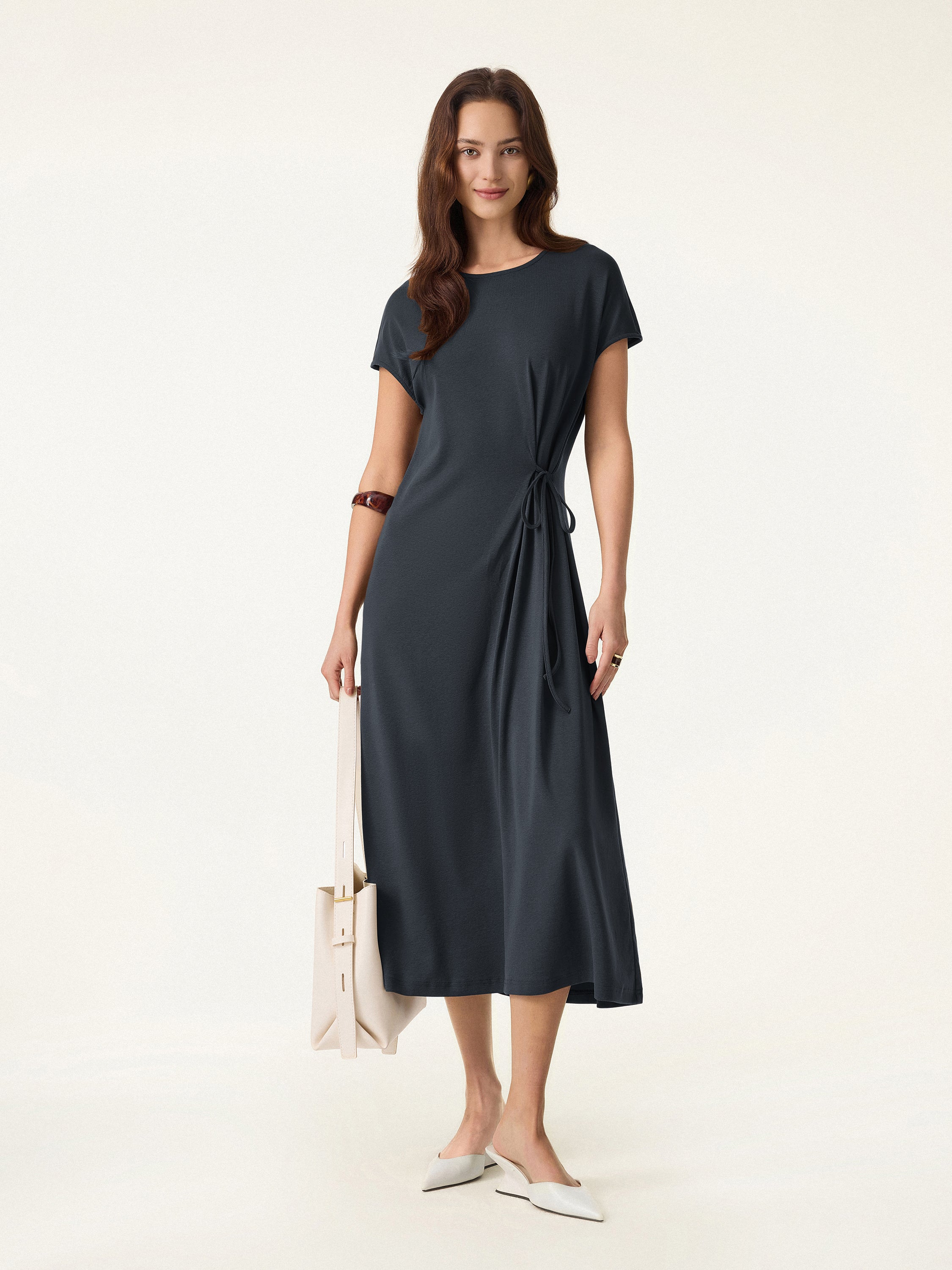 Cotton Lyocell Easy Airy Midi Dress with Self-Tie - Image 10