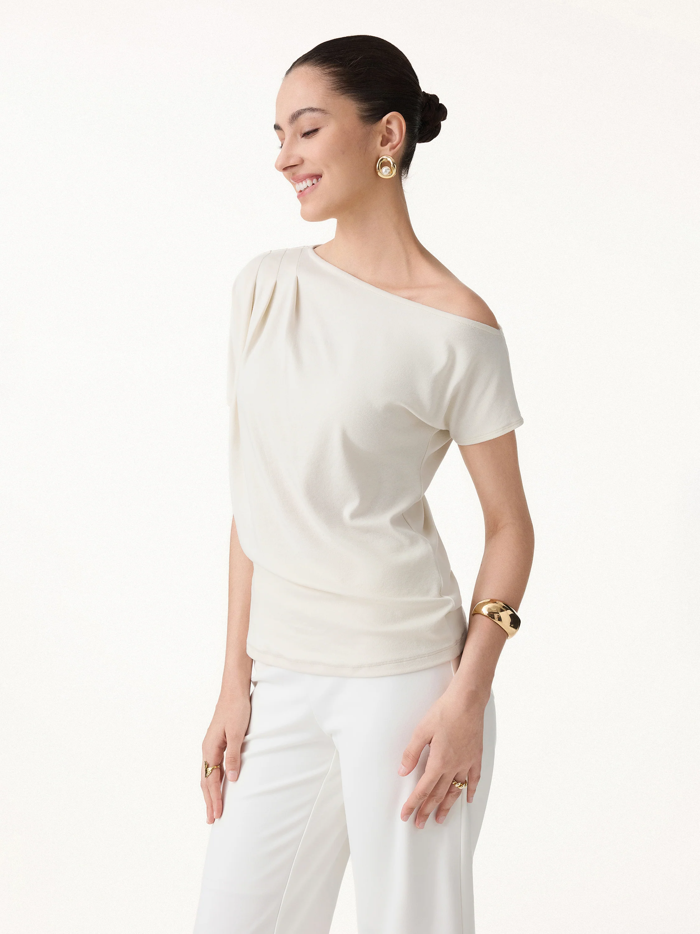 Cotton-Lyocell Effortless Asymmetrical Tucked Tee - Image 5