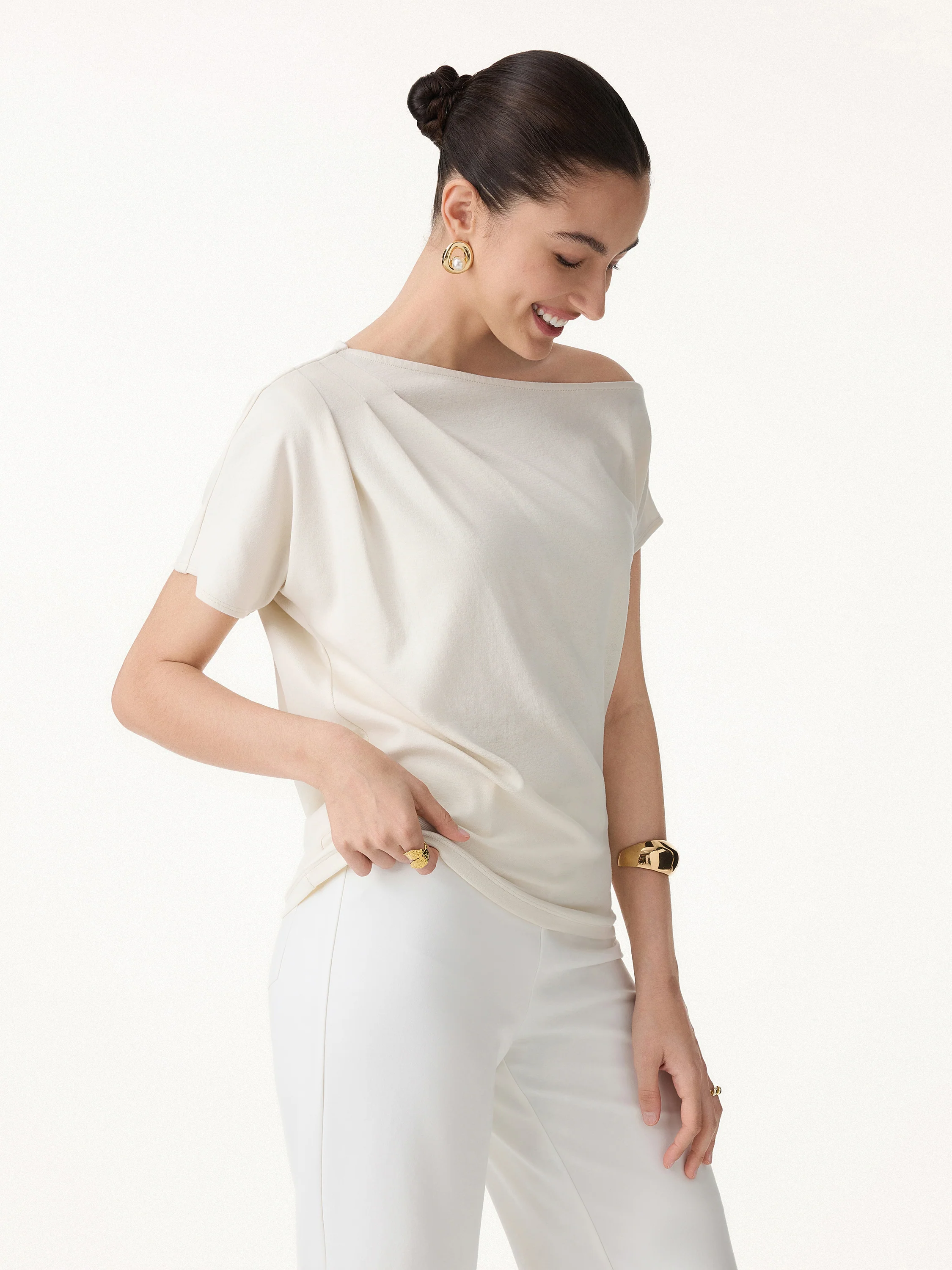 Cotton-Lyocell Effortless Asymmetrical Tucked Tee - Image 6