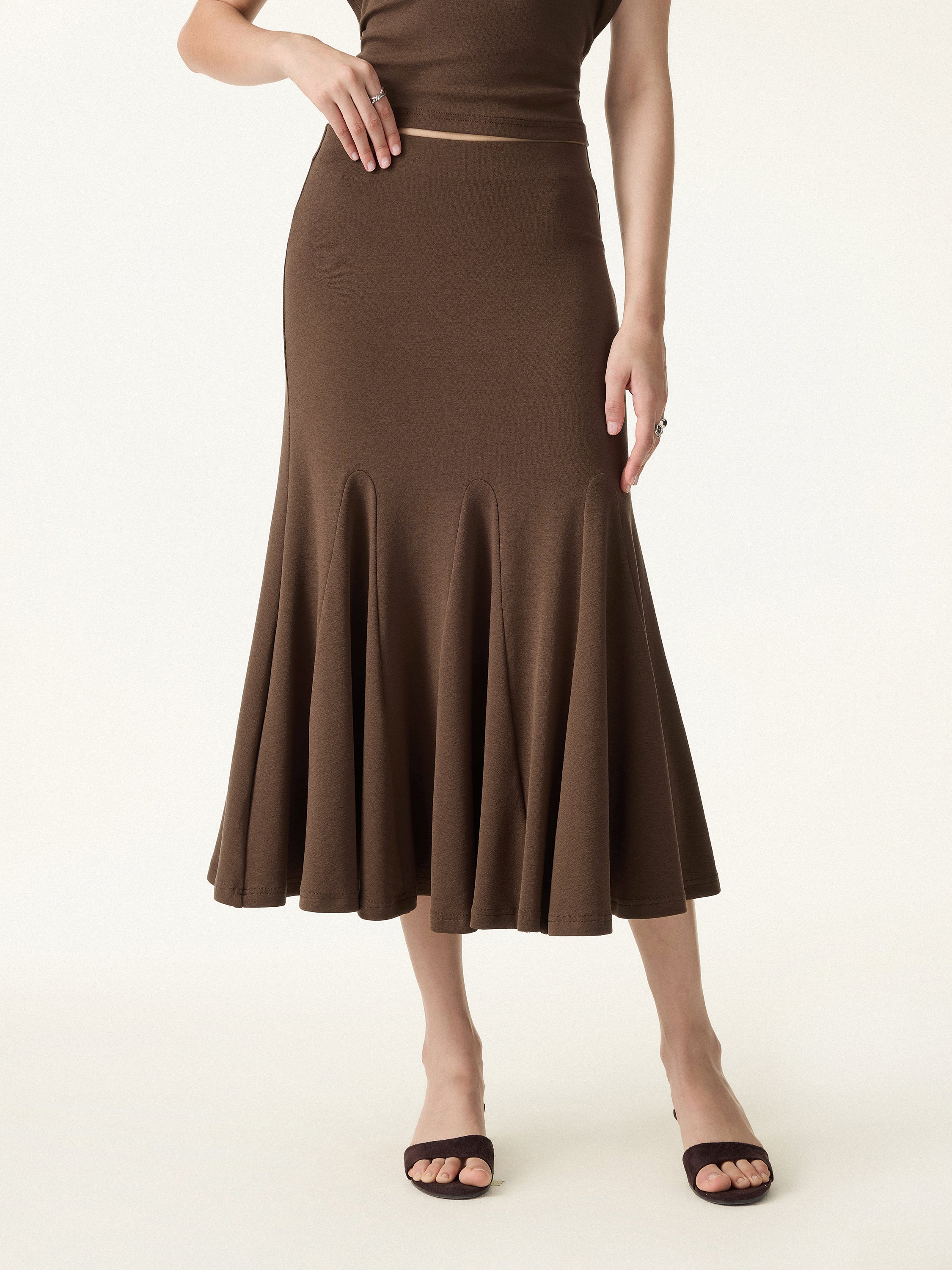 Cotton Lyocell Flowy Flared Midi Skirt - Image 7