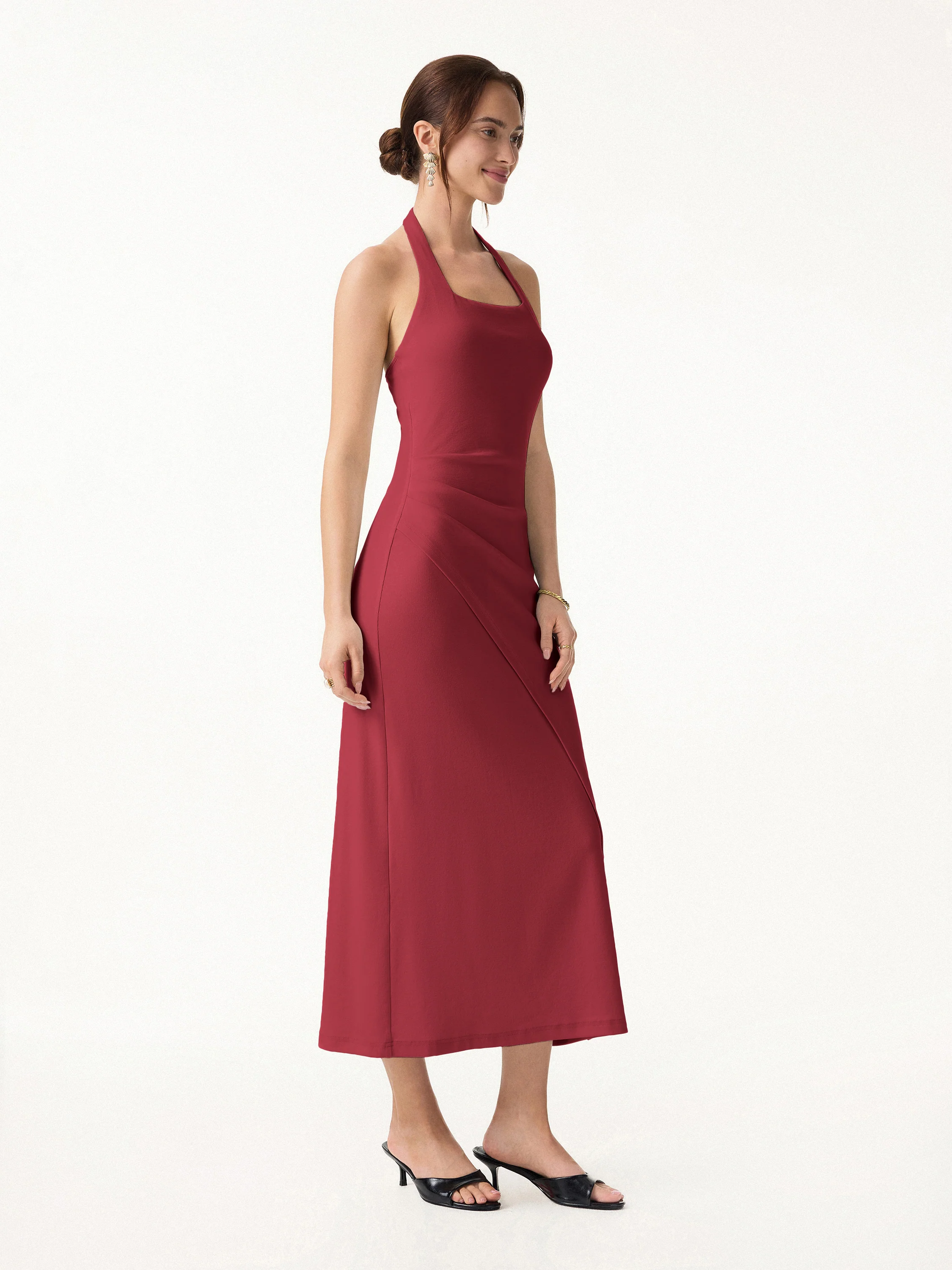 Cotton Lyocell Halter Square Neck Tucked Maxi Dress