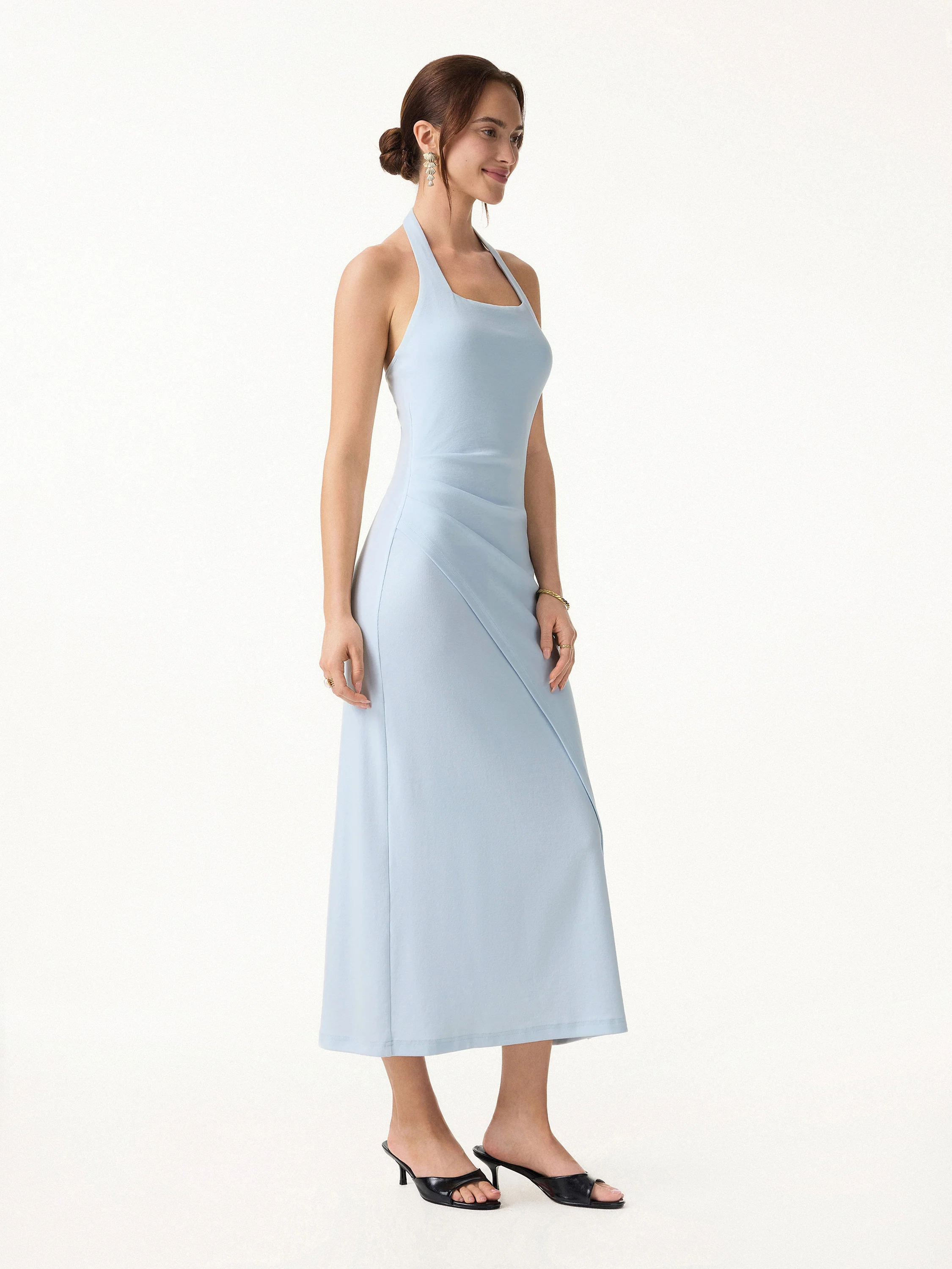 Cotton Lyocell Halter Square Neck Tucked Maxi Dress - Image 4