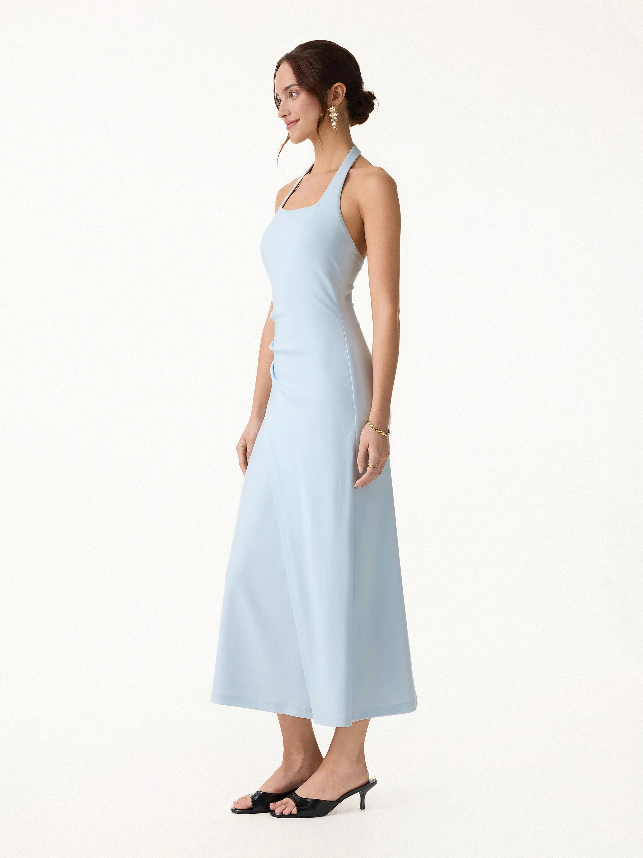Cotton Lyocell Halter Square Neck Tucked Maxi Dress - Image 9