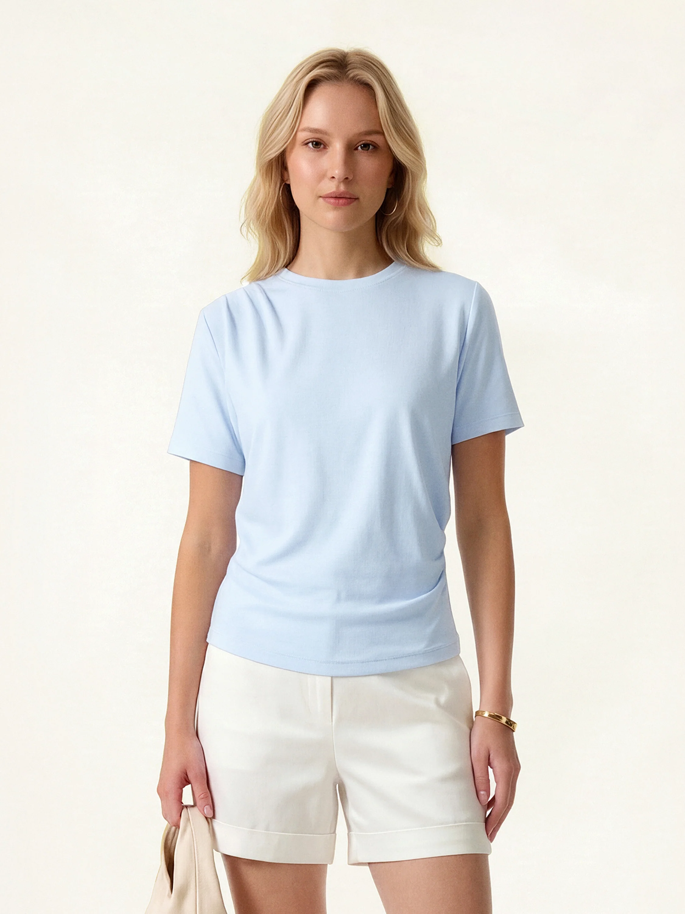 Cotton Viscose Round Neck Tucked Summer Tee - Image 3