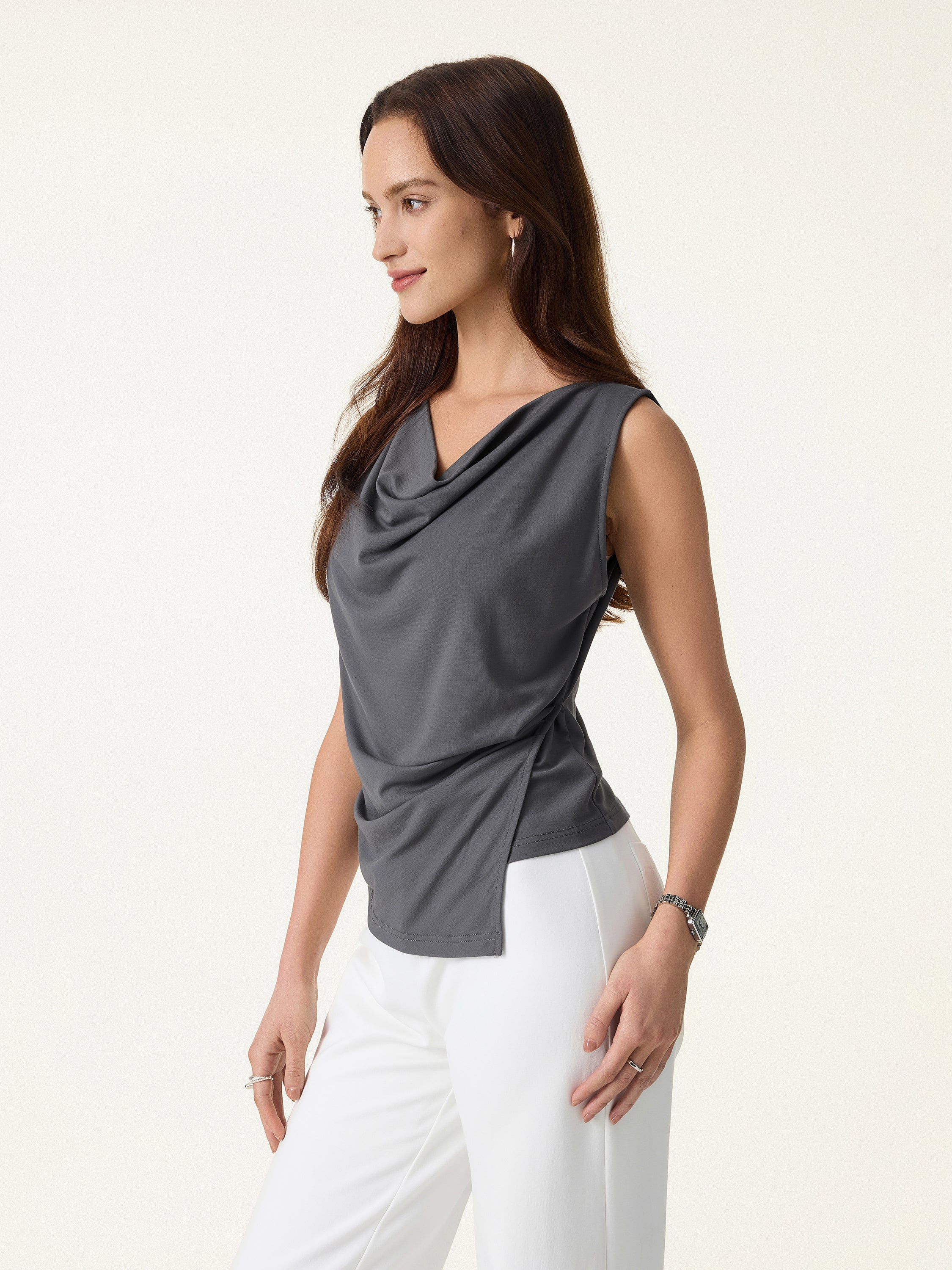 Cowl Neck Asymmetrical Tucked Sleeveless Top - Image 3