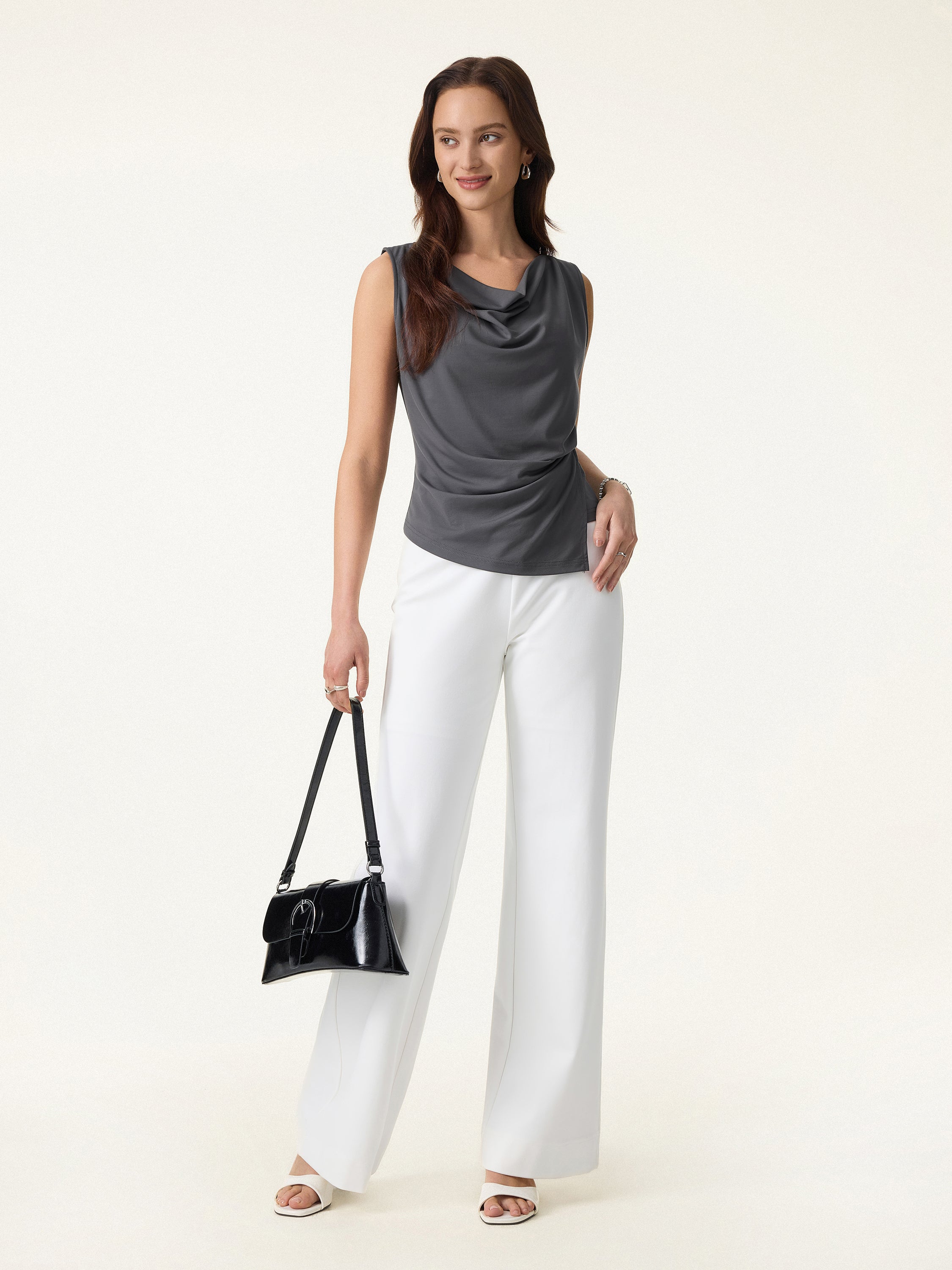 Cowl Neck Asymmetrical Tucked Sleeveless Top - Image 4