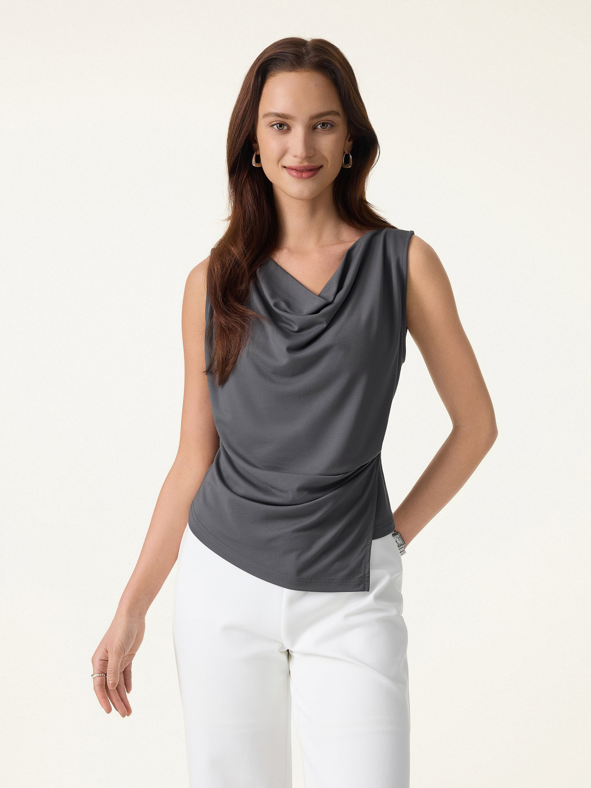 Cowl Neck Asymmetrical Tucked Sleeveless Top - Image 5