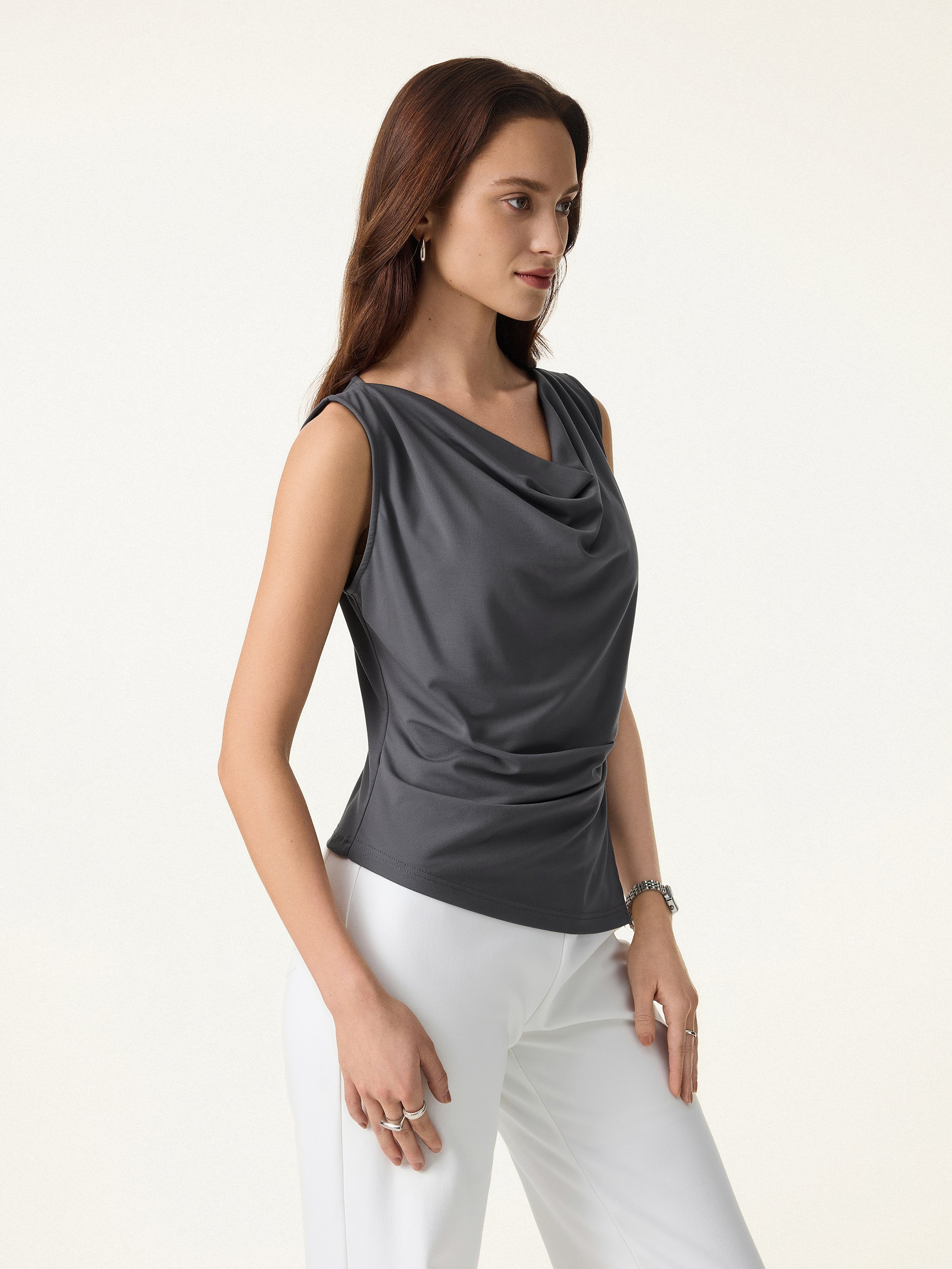 Cowl Neck Asymmetrical Tucked Sleeveless Top - Image 7
