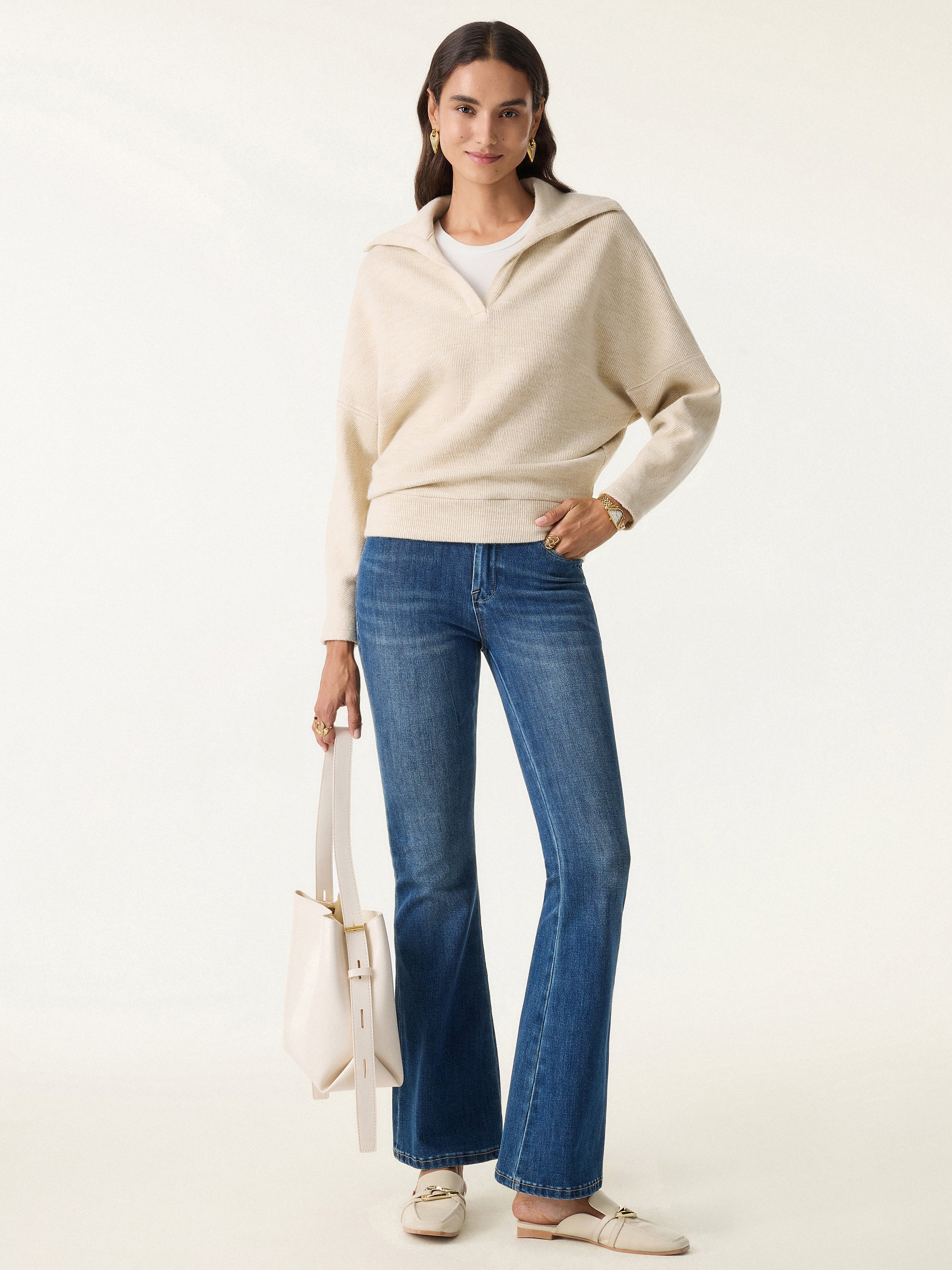 Cozy Collared V-Neck Batwing Sleeve Pullover - Image 10