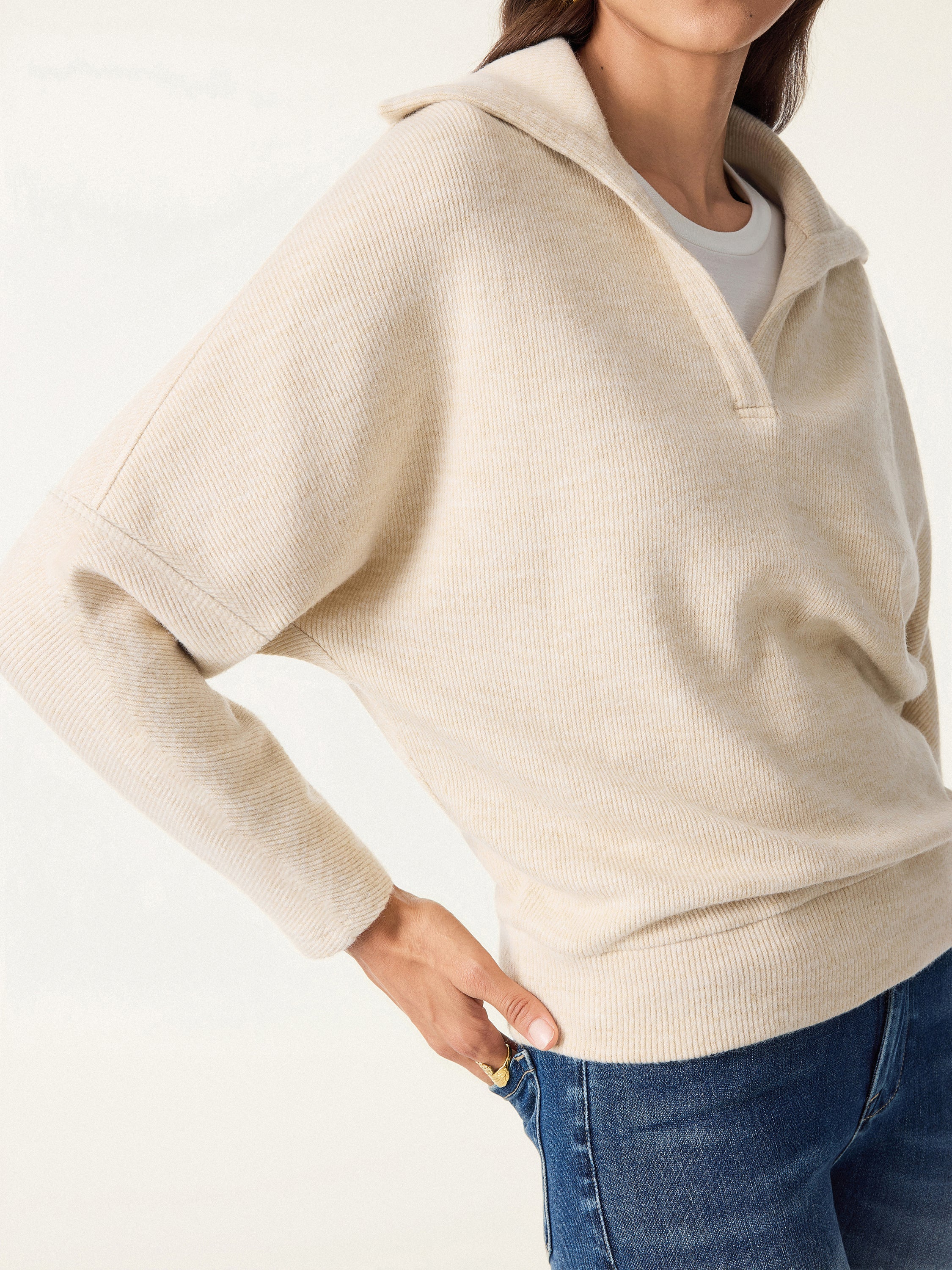 Cozy Collared V-Neck Batwing Sleeve Pullover - Image 4