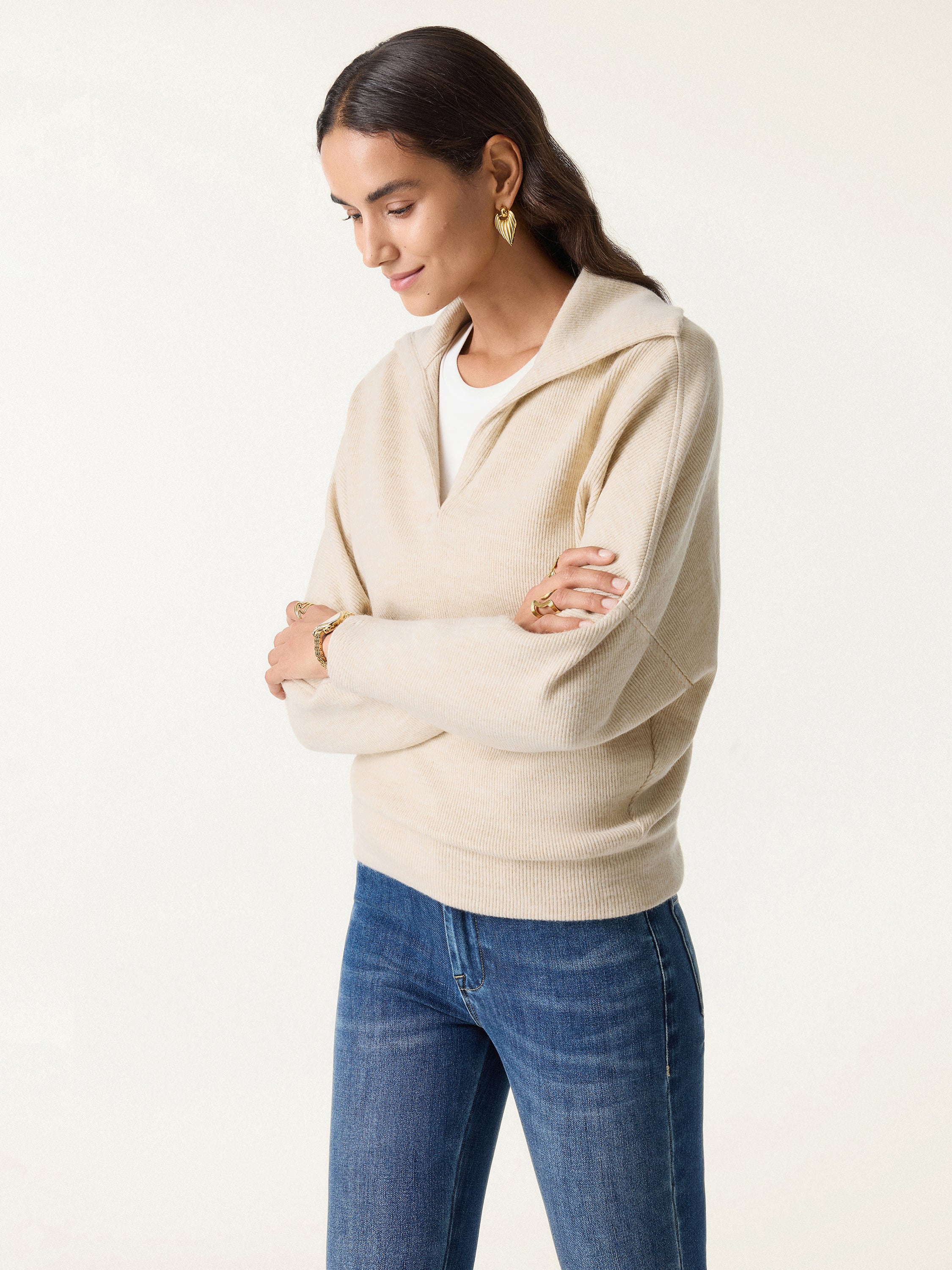 Cozy Collared V-Neck Batwing Sleeve Pullover - Image 8