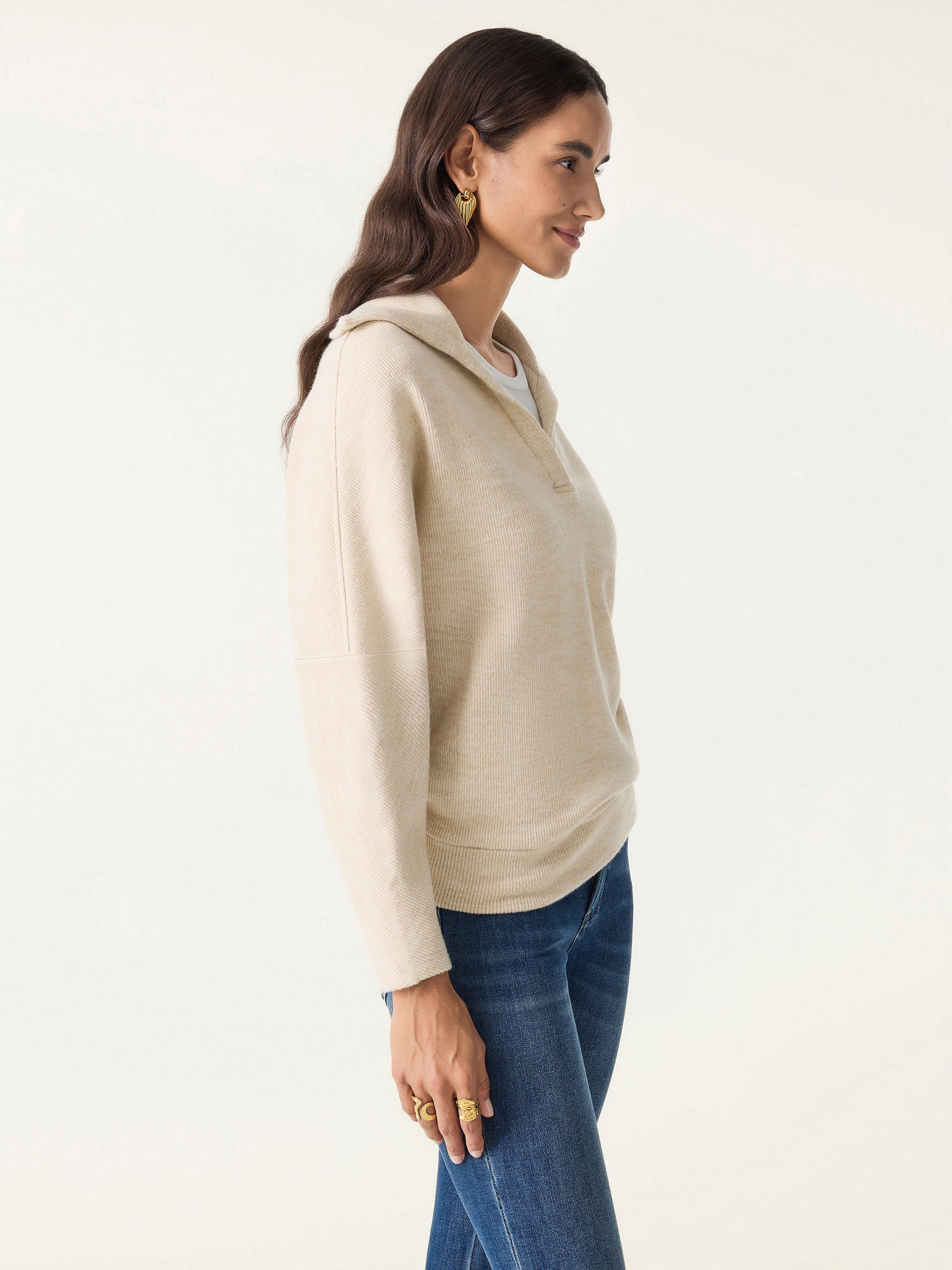 Cozy Collared V-Neck Batwing Sleeve Pullover - Image 9
