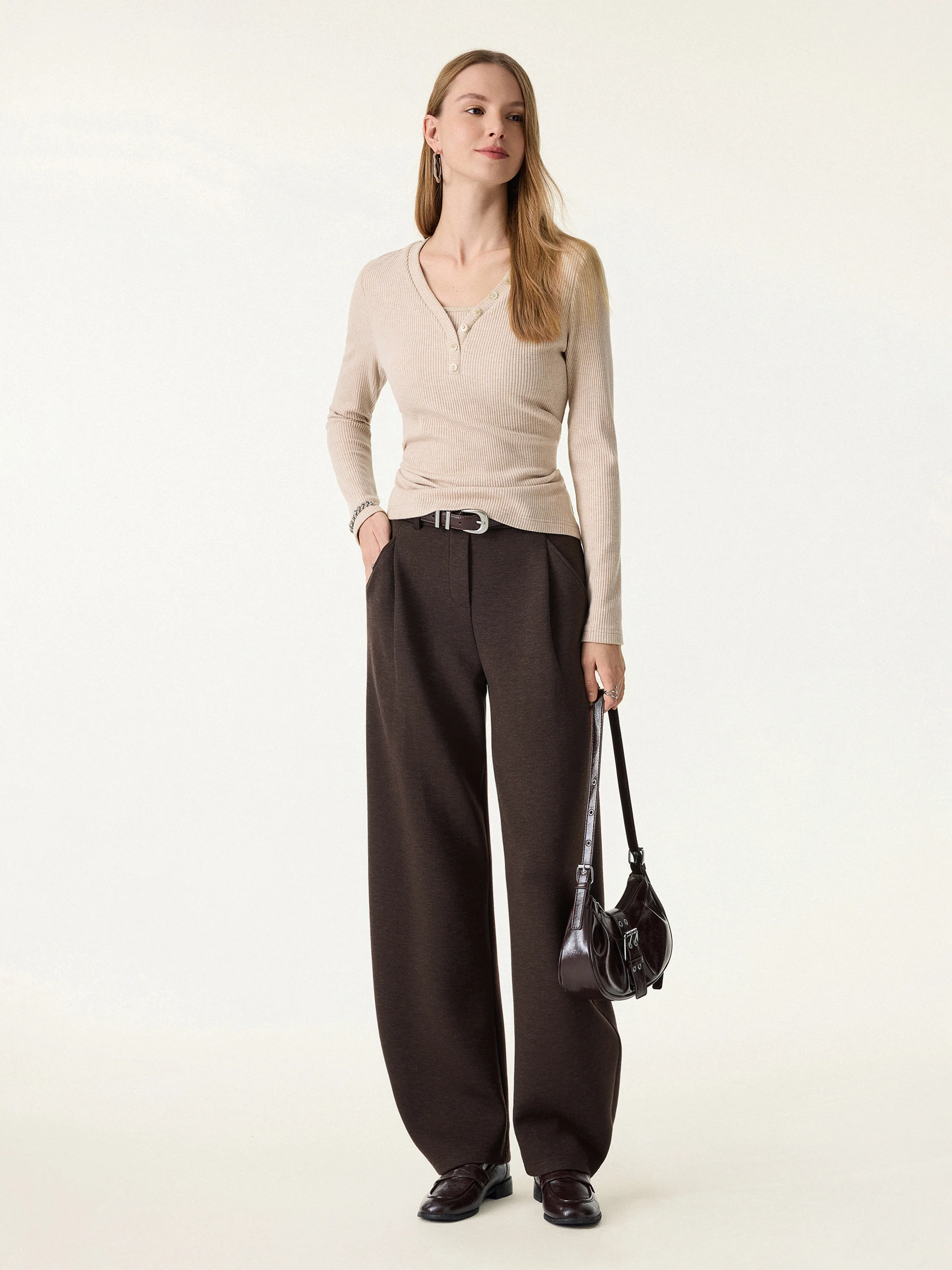 Cozy Knit Mid Rise Barrel Leg Pull-on Pants - Image 3