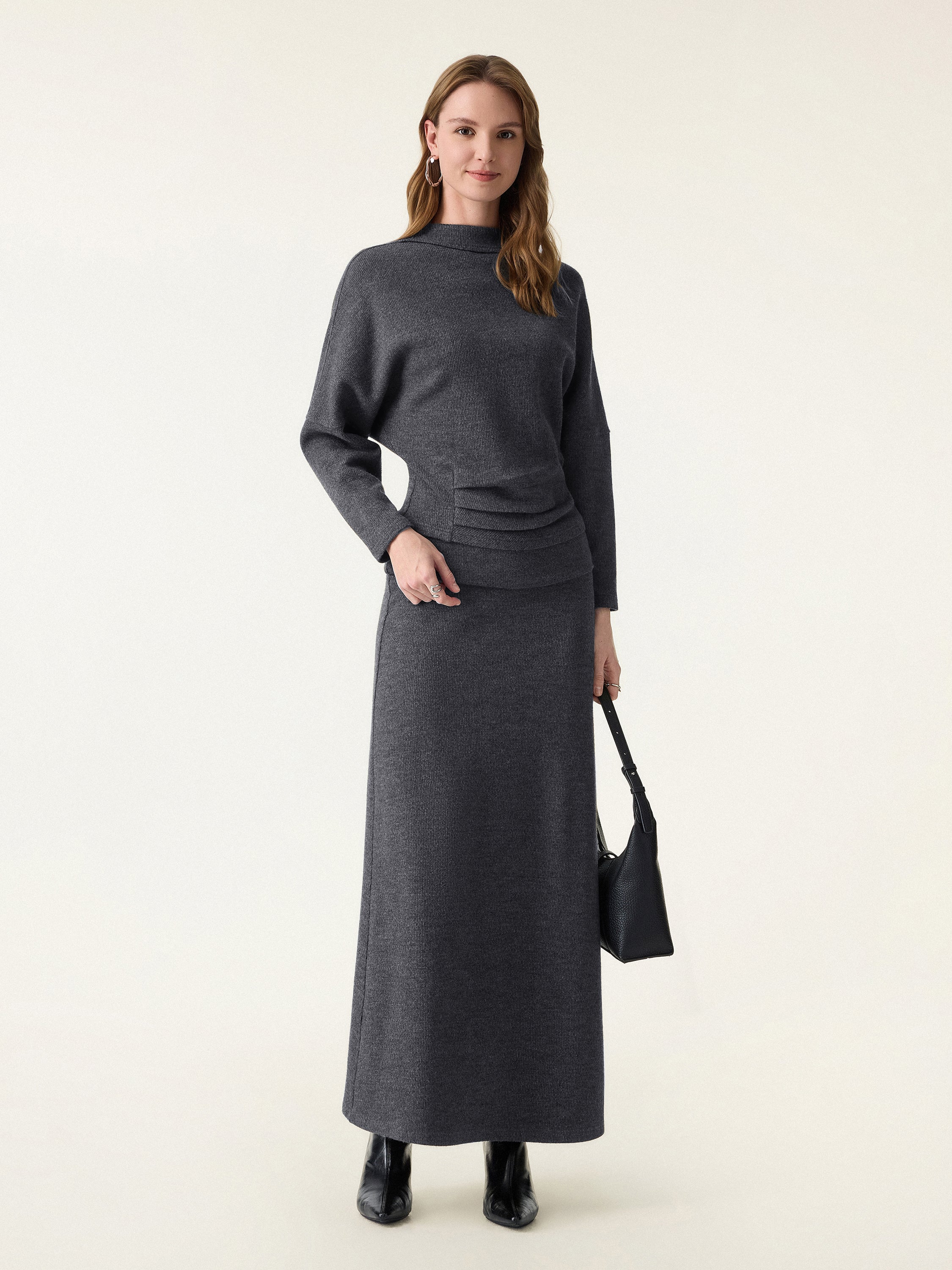 Cozy Ribbed Fold-Down Waistband A-line Maxi Skirt - Image 4