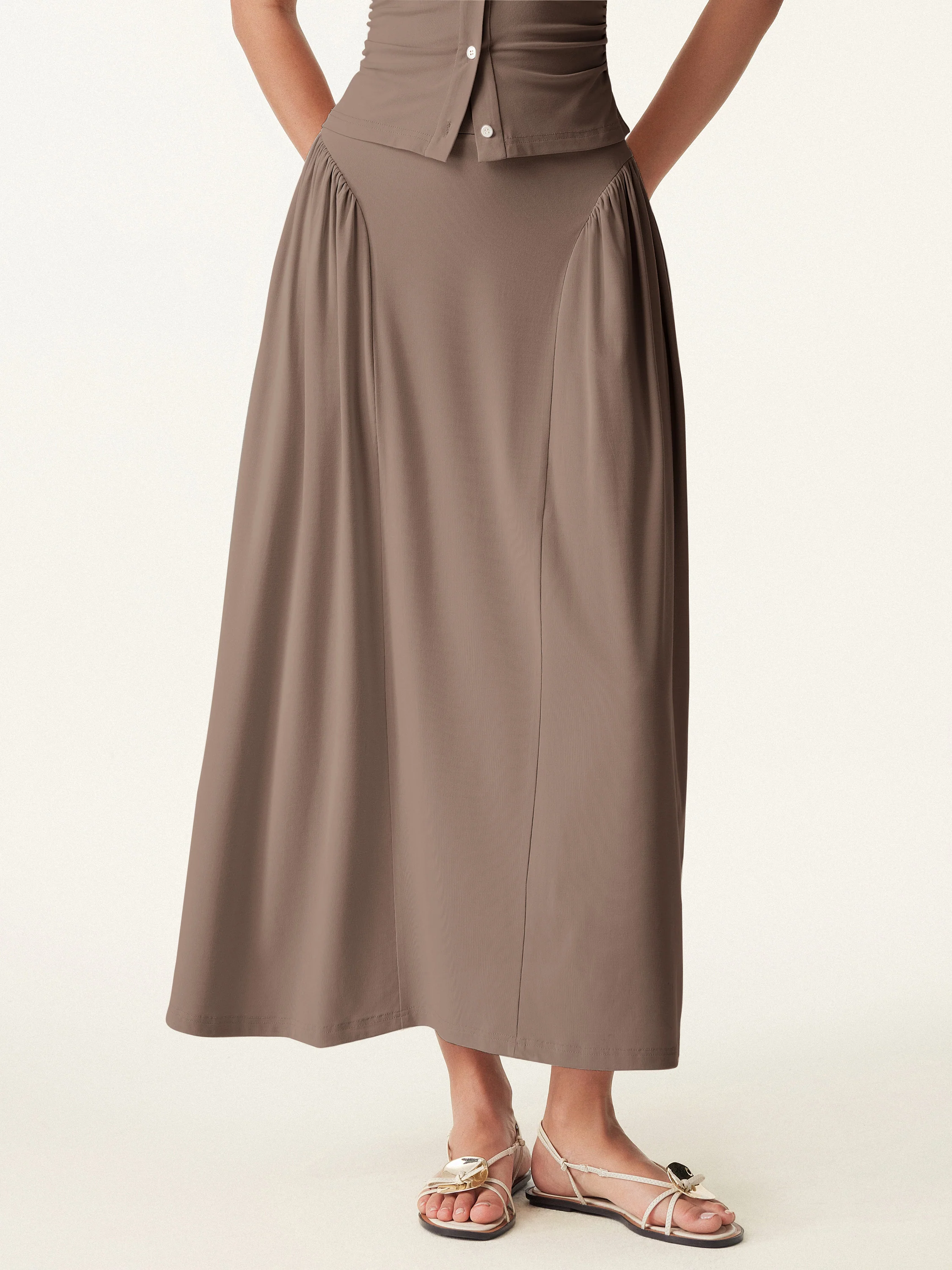 Curved Gathering Flared Midi Skirt with Pockets - Image 12