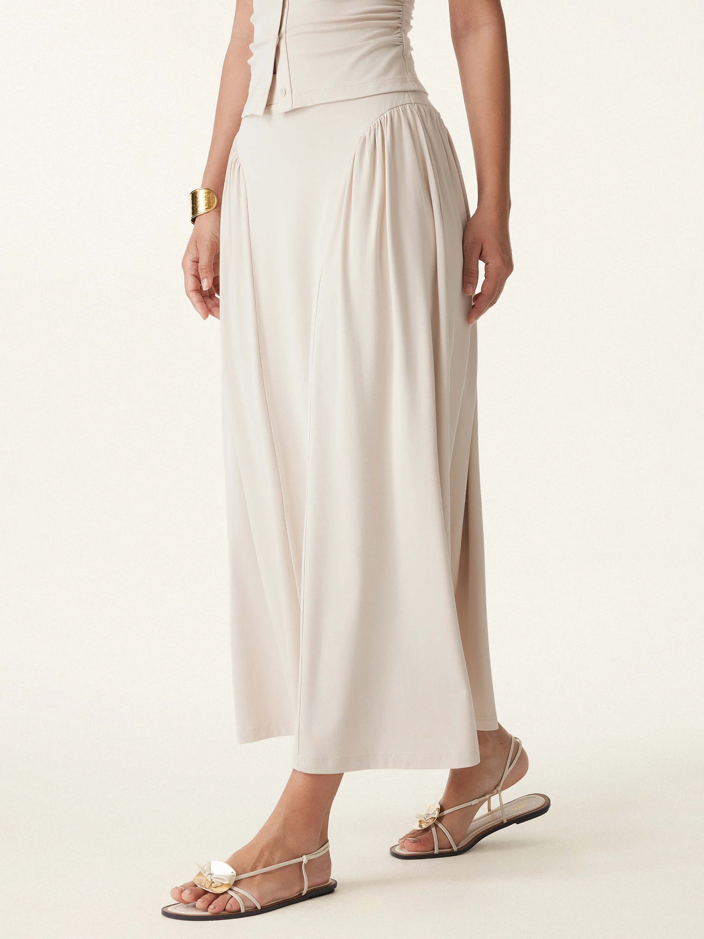 Curved Gathering Flared Midi Skirt with Pockets - Image 7