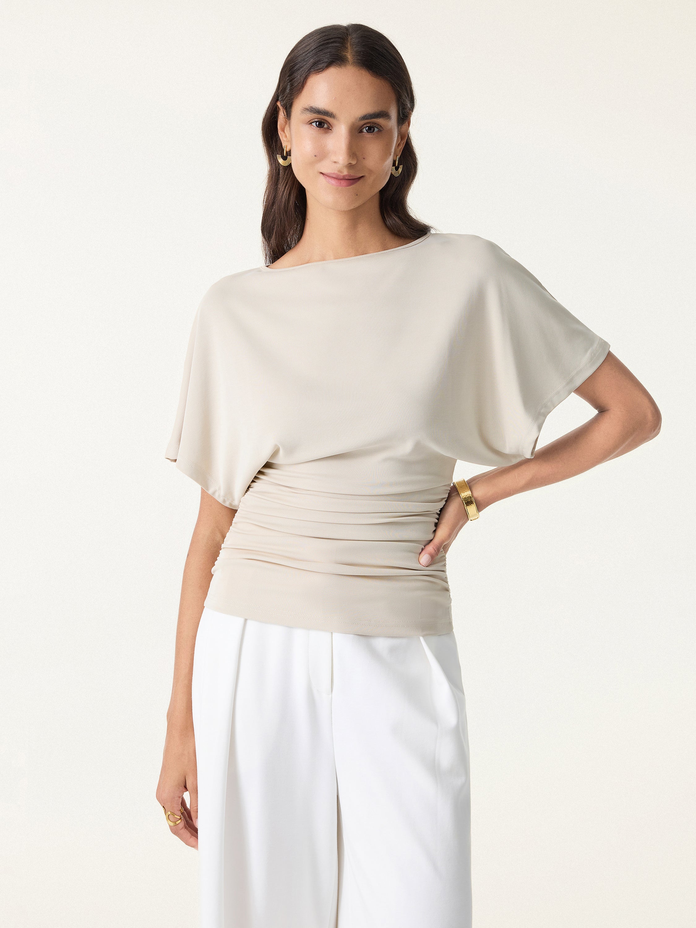 Effortless Boatneck Batwing Sleeve Side Ruched Top - Image 3