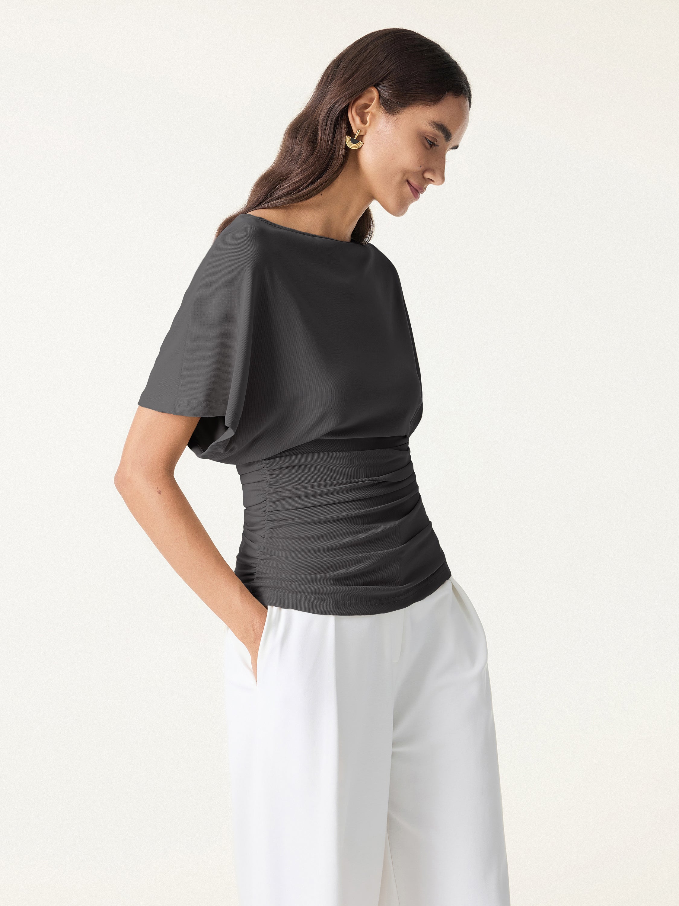 Effortless Boatneck Batwing Sleeve Side Ruched Top - Image 9
