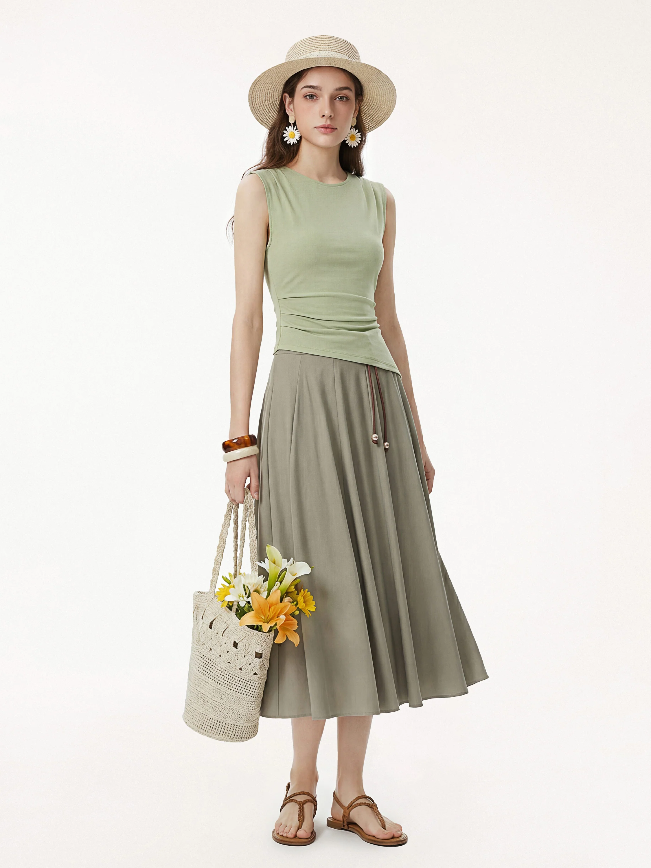 Effortless Wide Shoulder Tucked Asymmetrical Hem Sleeveless Top - Image 11