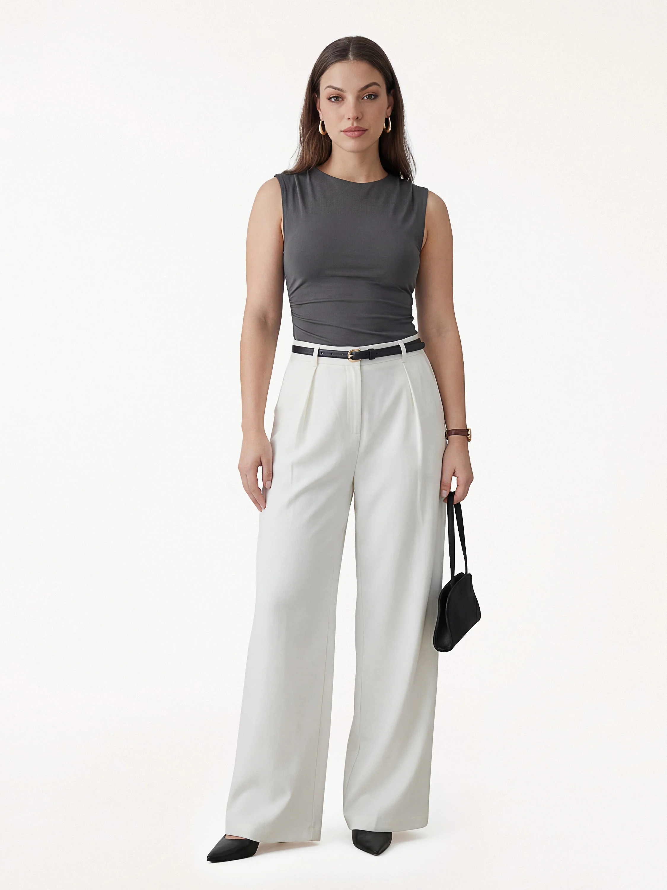 Effortless Wide Shoulder Tucked Asymmetrical Hem Sleeveless Top - Image 16