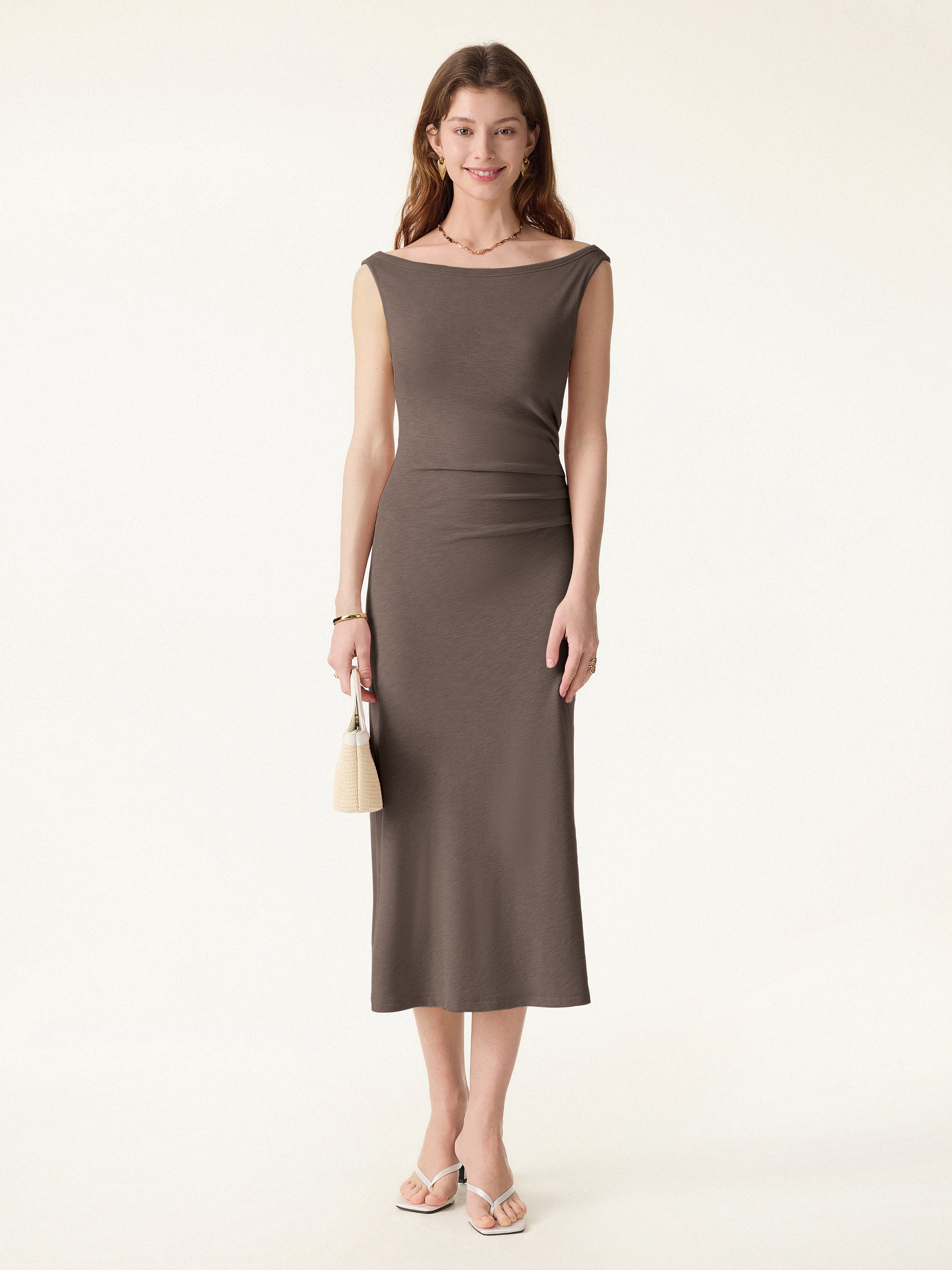 Elegant Boatneck Tucked Fit-and-Flare Midi Bra Dress - Image 14