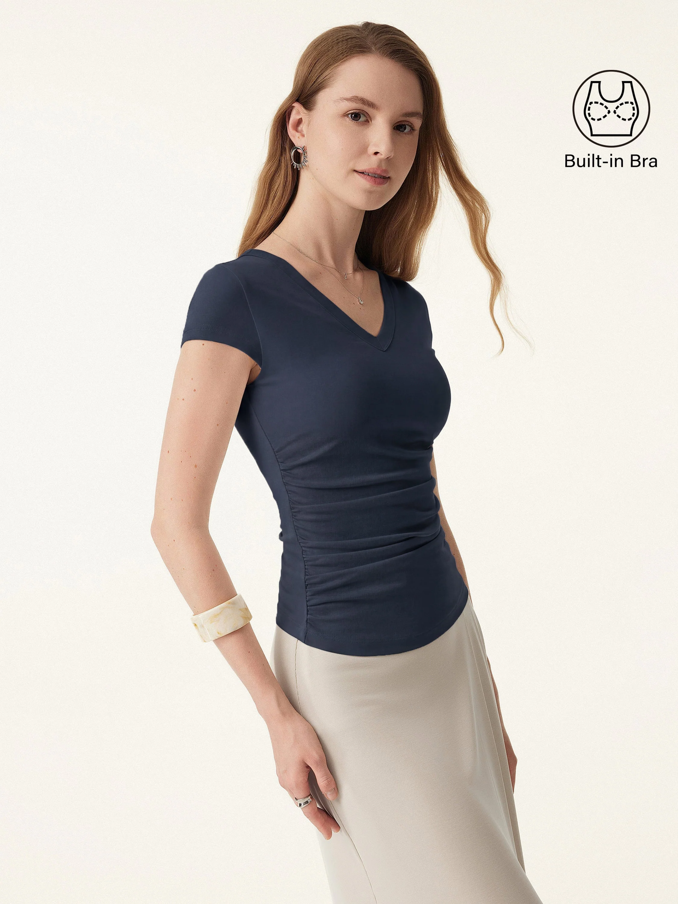 Elevated V-neck Side Ruched Cap Sleeve Bra Tee - Image 11